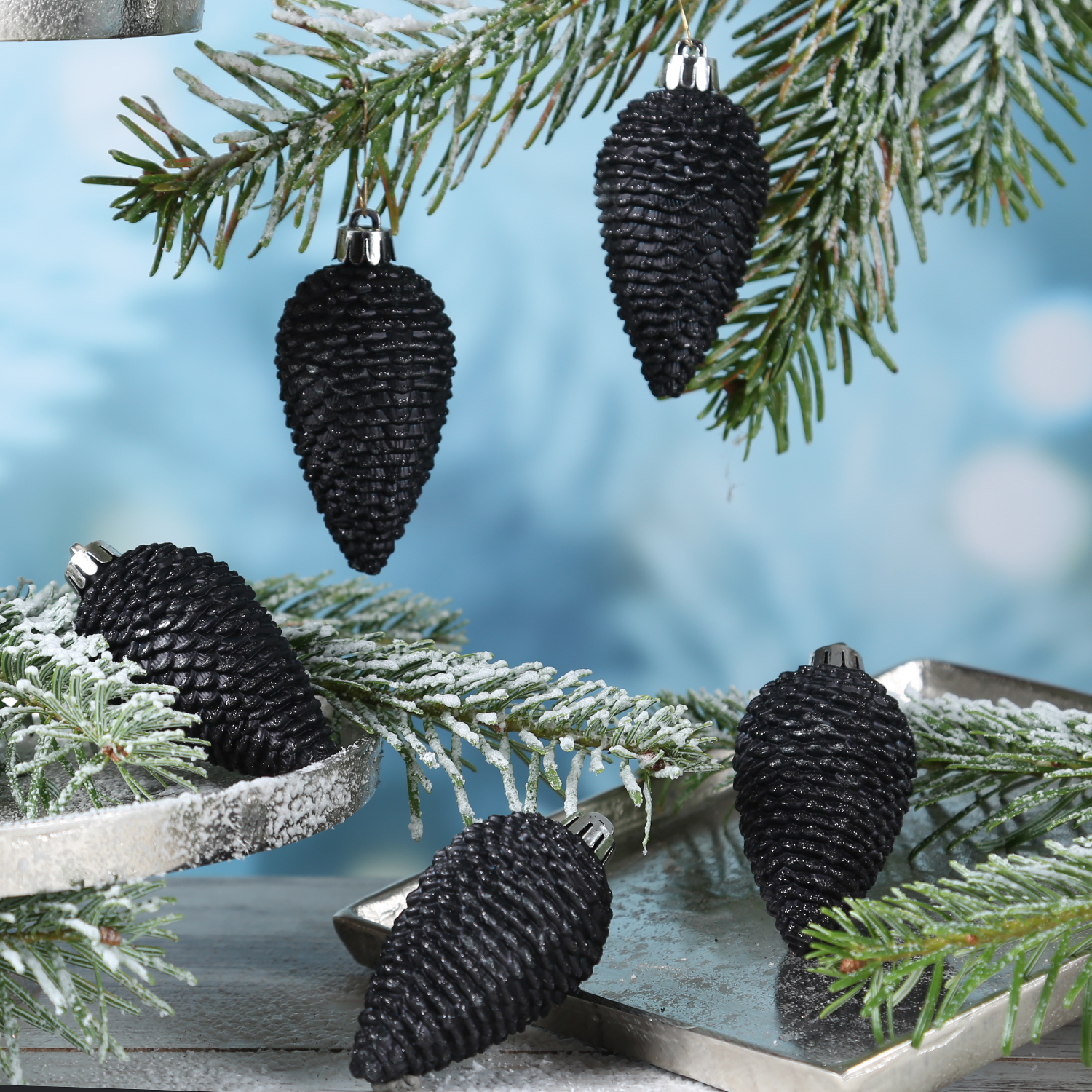 Christbaumschmuck ZAPFEN - Weihnachtsschmuck - bruchfest - glitzernd - H: 8cm - schwarz - 6er Set Christbaumschmuck ZAPFEN - Weihnachtsschmuck - bruchfest - glitzernd - H: 8cm - schwarz - 6er Set