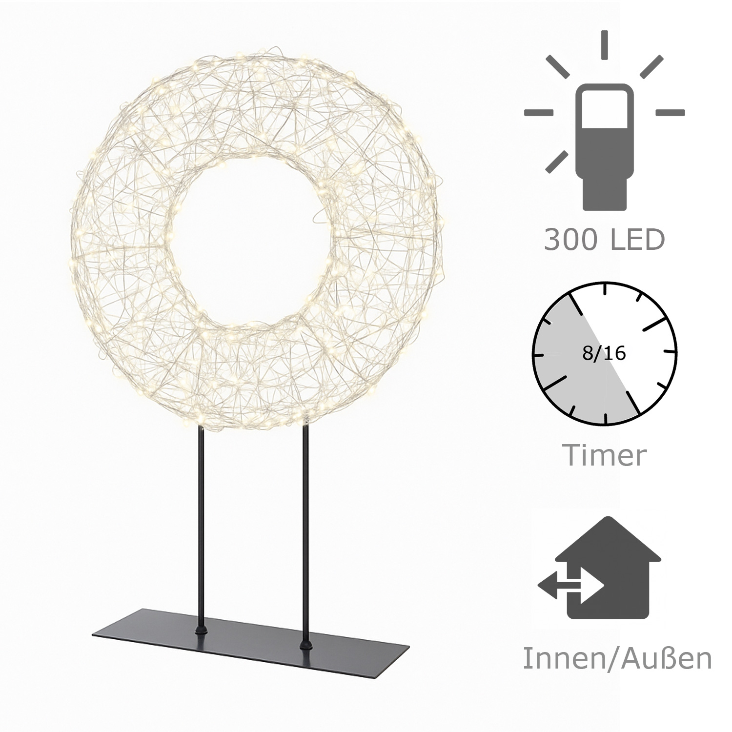 LED Kranz - Leuchtkranz stehend - 300 warmweiße LED - H: 38cm - Timer - für Innen/Außen LED Kranz - Leuchtkranz stehend - 300 warmweiße LED - H: 38cm - Timer - für Innen/Außen