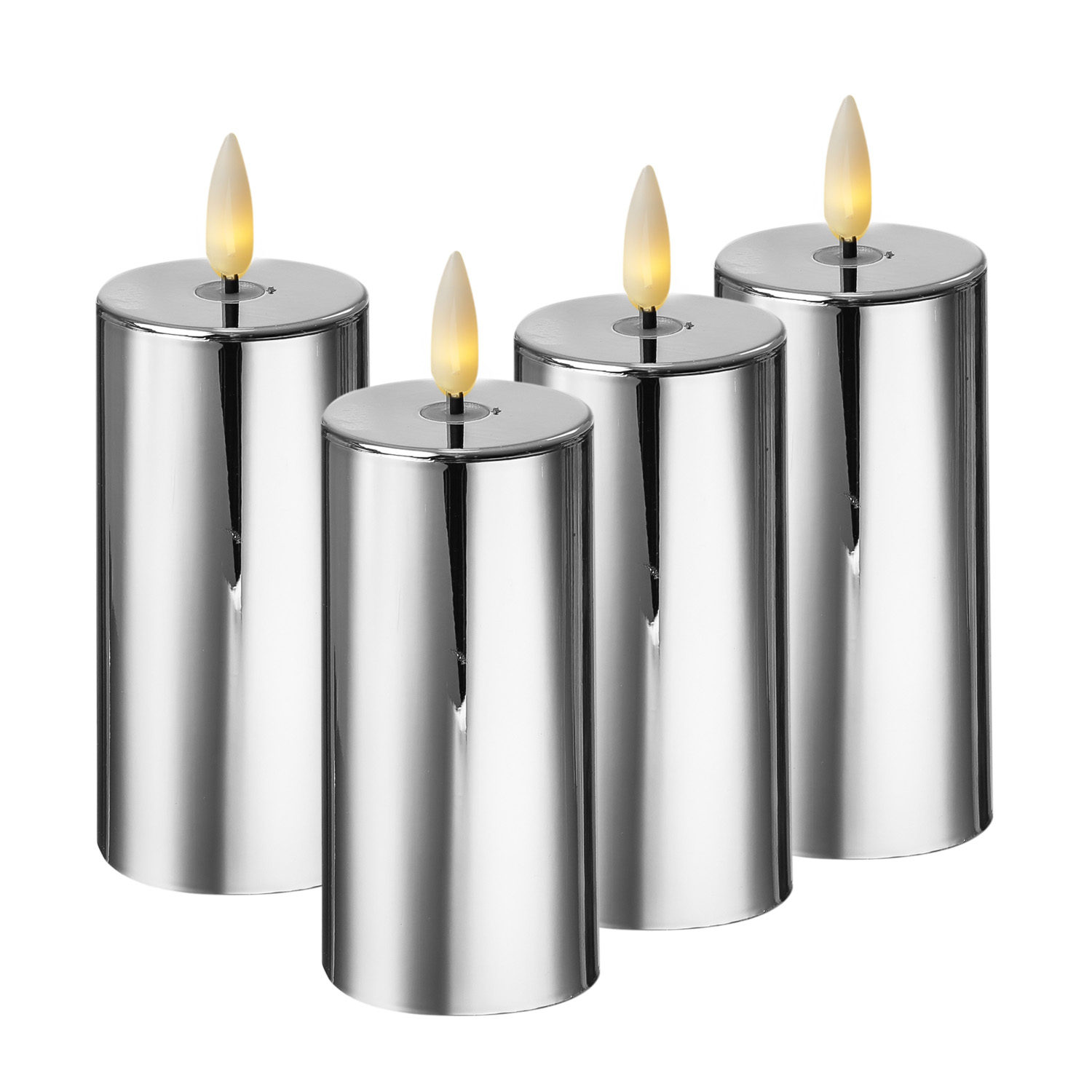 LED Kerzenset - Kunststoff - Timer - H: 12,5cm - D: 5cm - silber glänzend - 4er Set LED Kerzenset - Kunststoff - Timer - H: 12,5cm - D: 5cm - silber glänzend - 4er Set