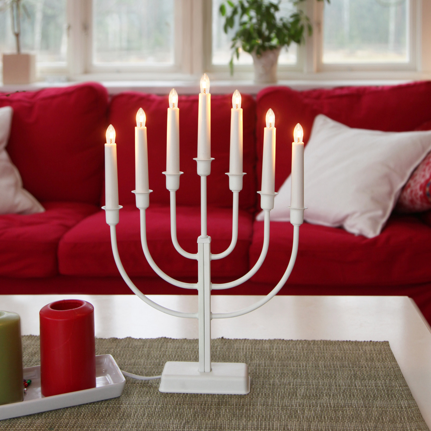 Kerzenleuchter KRISTINA - 7 Arme - warmweiße Lampen - H: 47cm - Schalter - Weiß