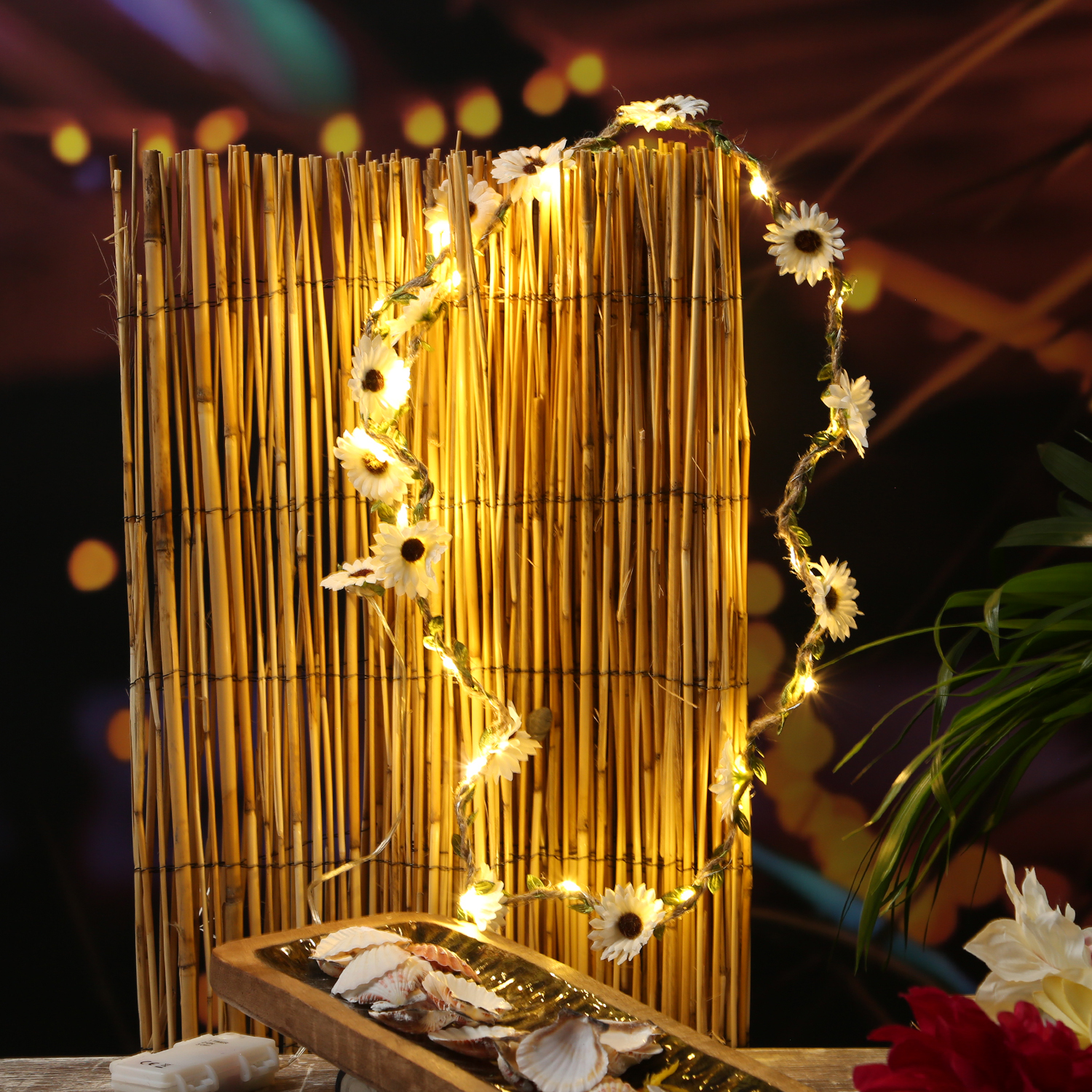 LED Lichterkette Blumen - 20 warmweiße LED - Batterie - Timer - L: 1,45m - für Außen - weiß