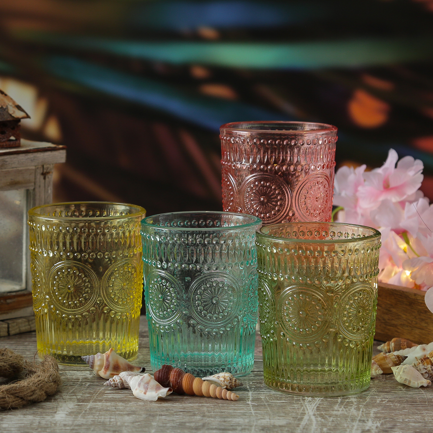 Trinkgläser Vintage - Glas - lebensmittelecht - 280ml - H: 10cm - mit Muster - gelb - 4er Set