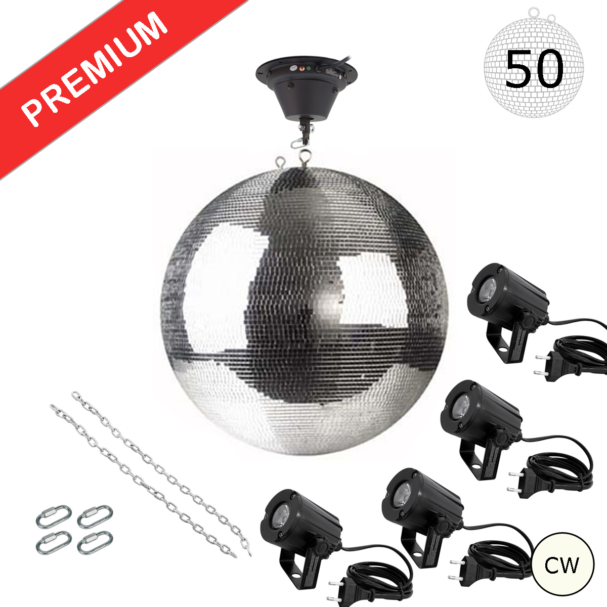 Spiegelkugel Komplettset - Discokugel, Motor, Pinspot, Montagematerial für Diskokugel - Mirrorball Set - Partyset