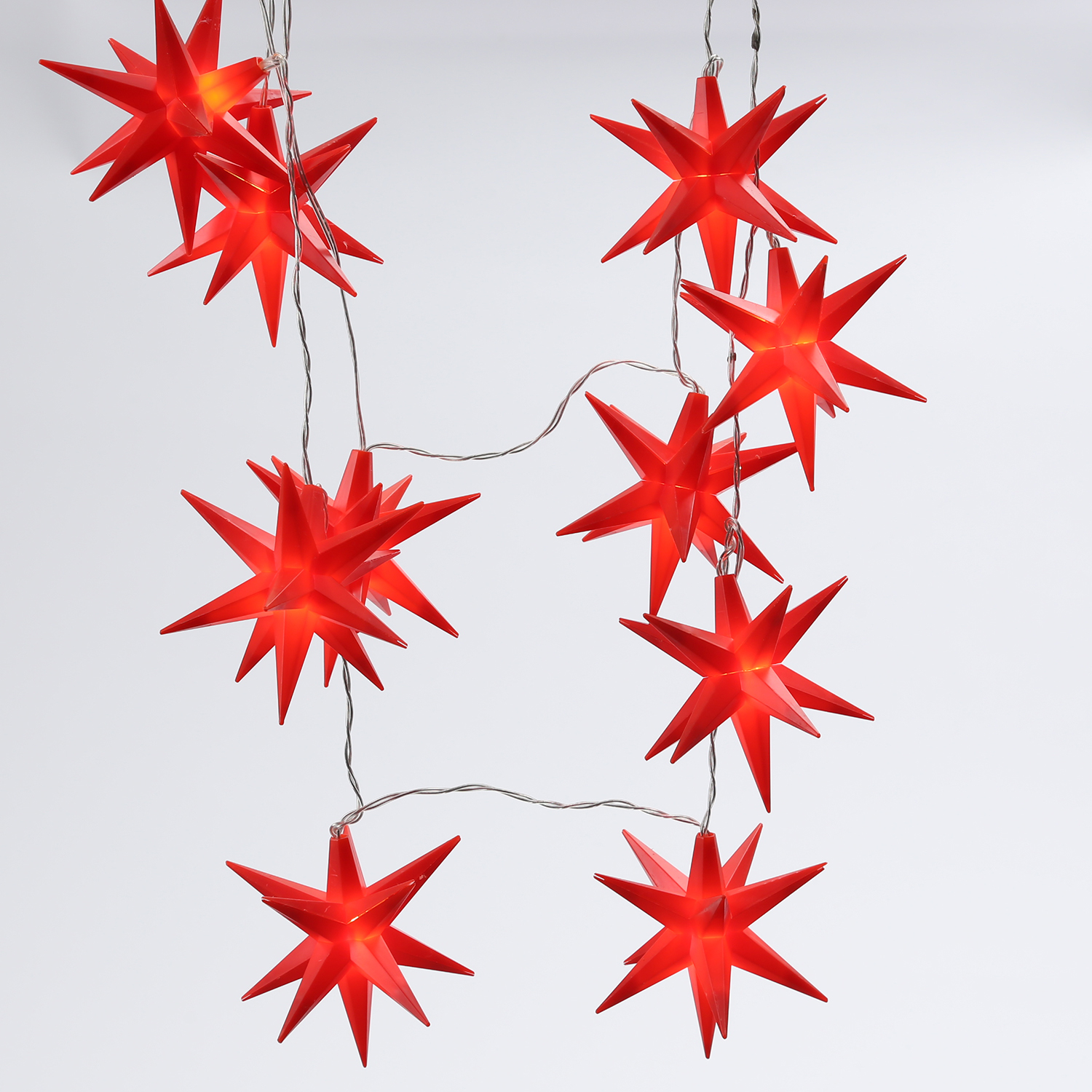 LED Lichterkette 3D Sterne - 10 warmweiße LED - L: 1,45m - Timer - Trafo - für Außen - rot