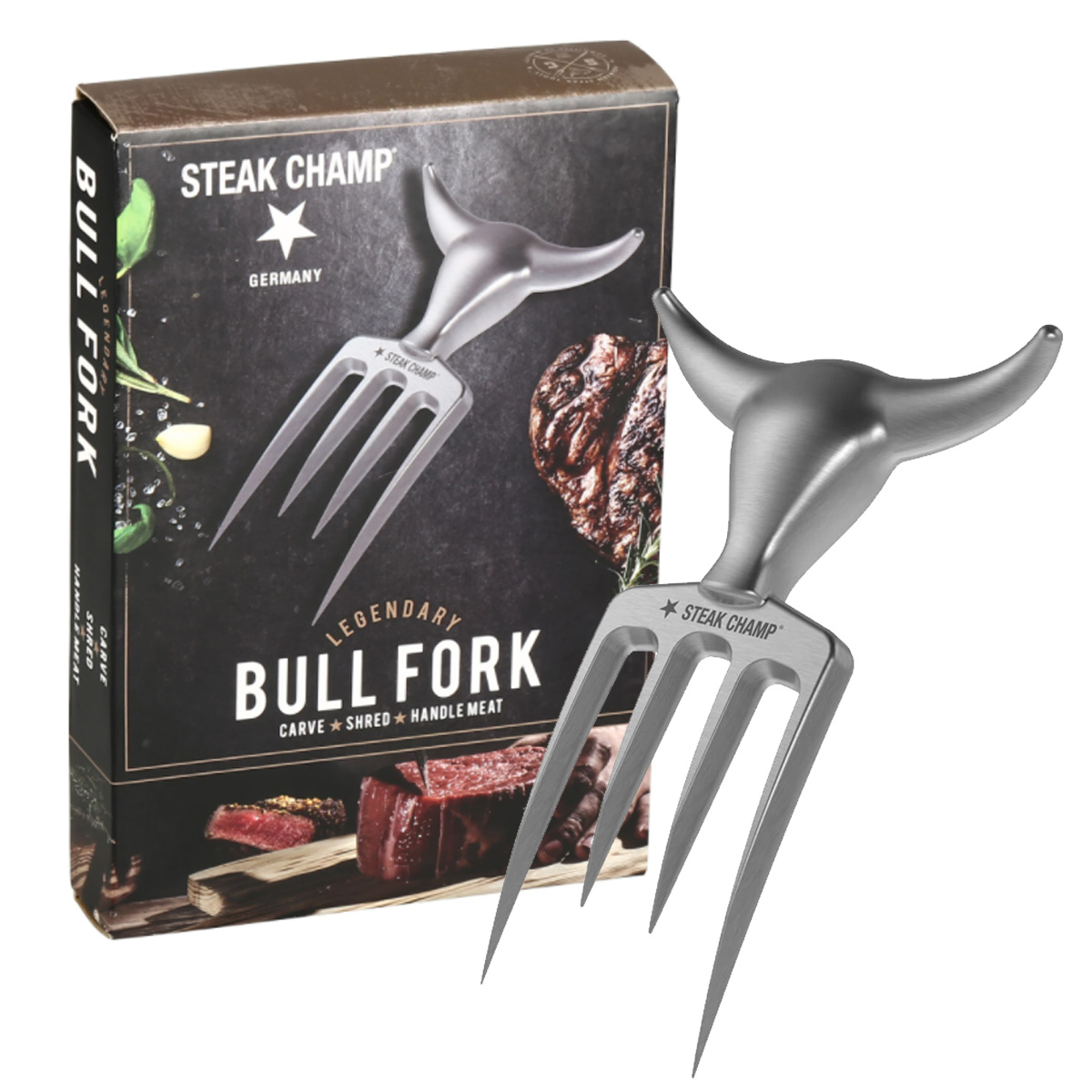 STEAK CHAMP BULL FORK Gabel mit Leder Holster - Profi Werkzeug mit Gürtelclip