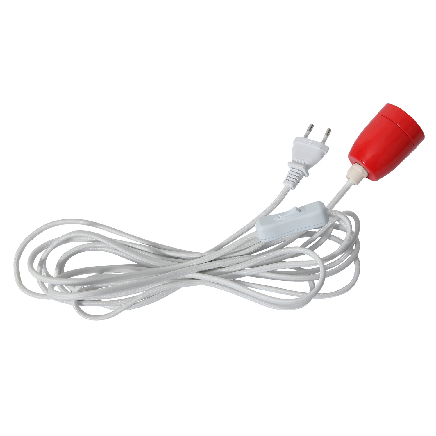 Lampenfassung mit Textilkabel - für E27 Leuchmittel - L:5m - Schalter - rote Porzellanfassung - weiß Lampenfassung mit Textilkabel - für E27 Leuchmittel - L:5m - Schalter - rote Porzellanfassung - weiß