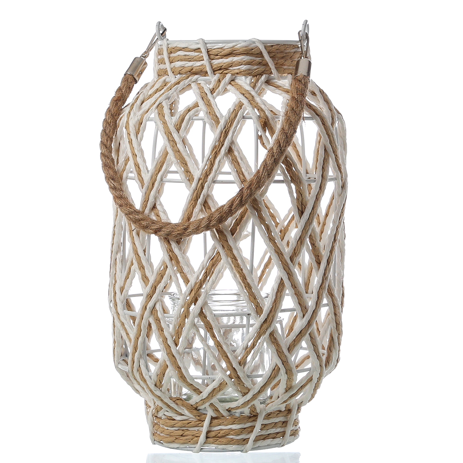 Windlicht mit Glaseinsatz - maritime Laterne - Henkel aus Juteseil - H: 30cm - weiß/natur Windlicht mit Glaseinsatz - maritime Laterne - Henkel aus Juteseil - H: 30cm - weiß/natur