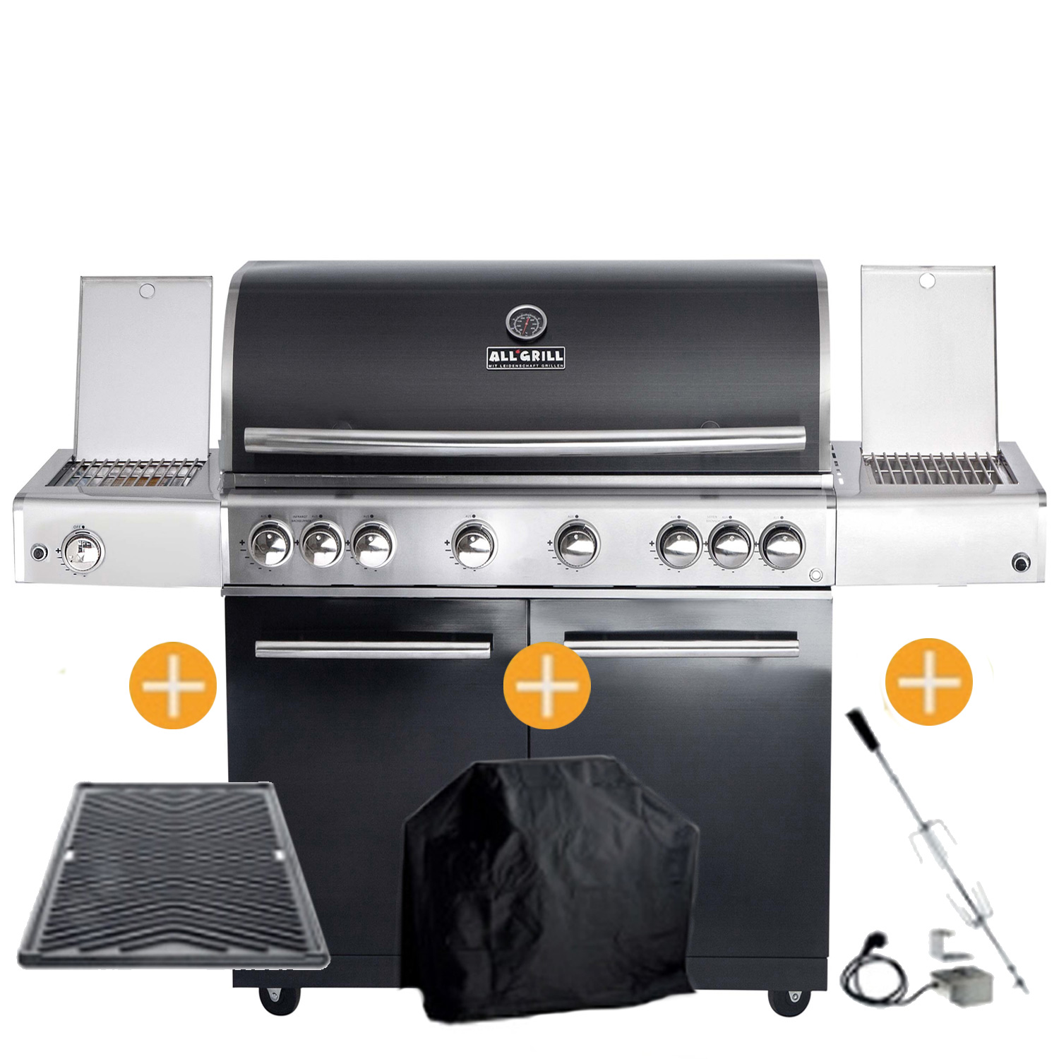 CHEF Paket XL3 schwarz 6 Brenner Backburner Seitenkocher Steakzone AIR System GRATIS: Cover, Grillplatte, Spieß