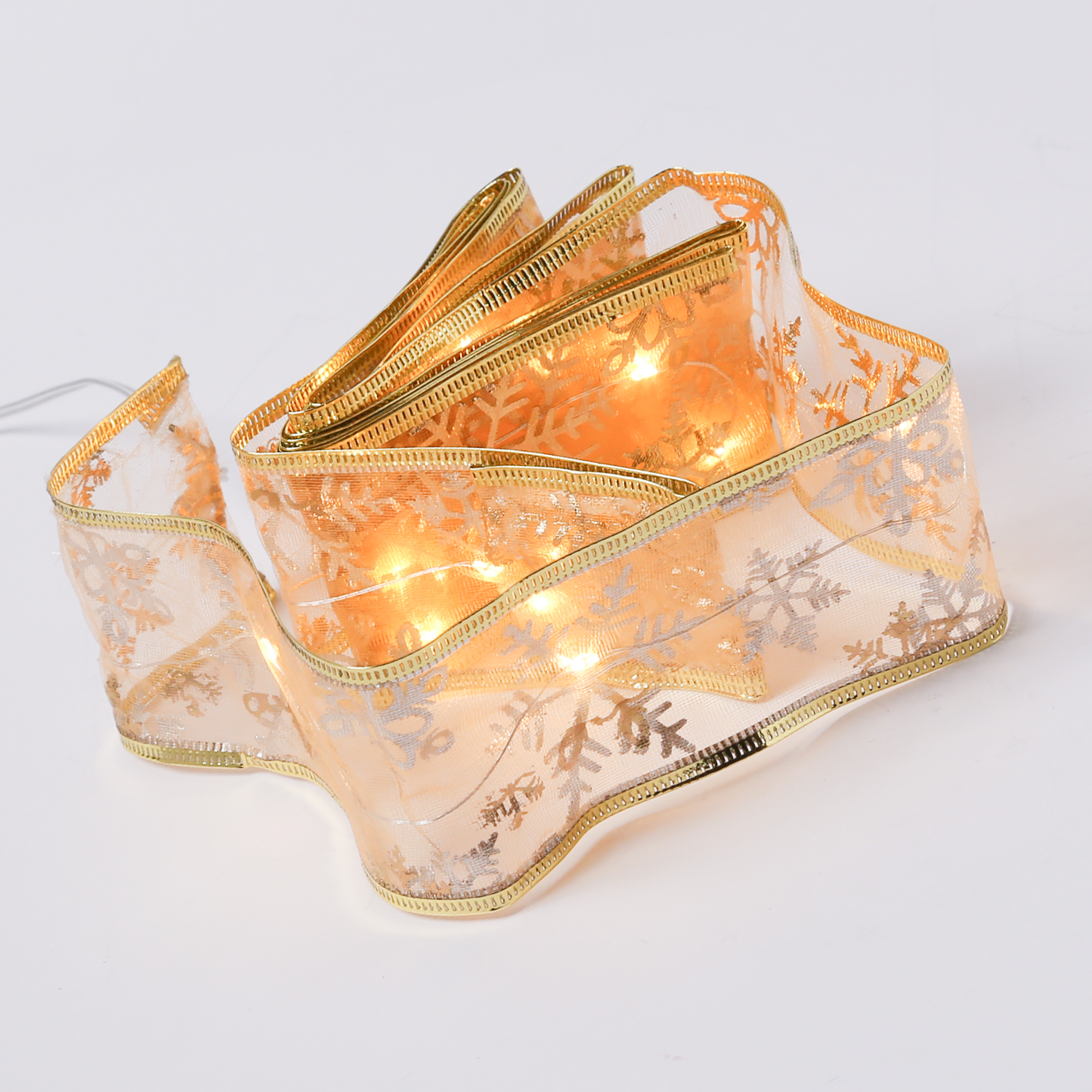 LED Seidenband Lichterkette - Geschenkband - Schneeflockenmotiv - 30 LED - L: 2,7m - Batterie - gold LED Seidenband Lichterkette - Geschenkband - Schneeflockenmotiv - 30 LED - L: 2,7m - Batterie - gold