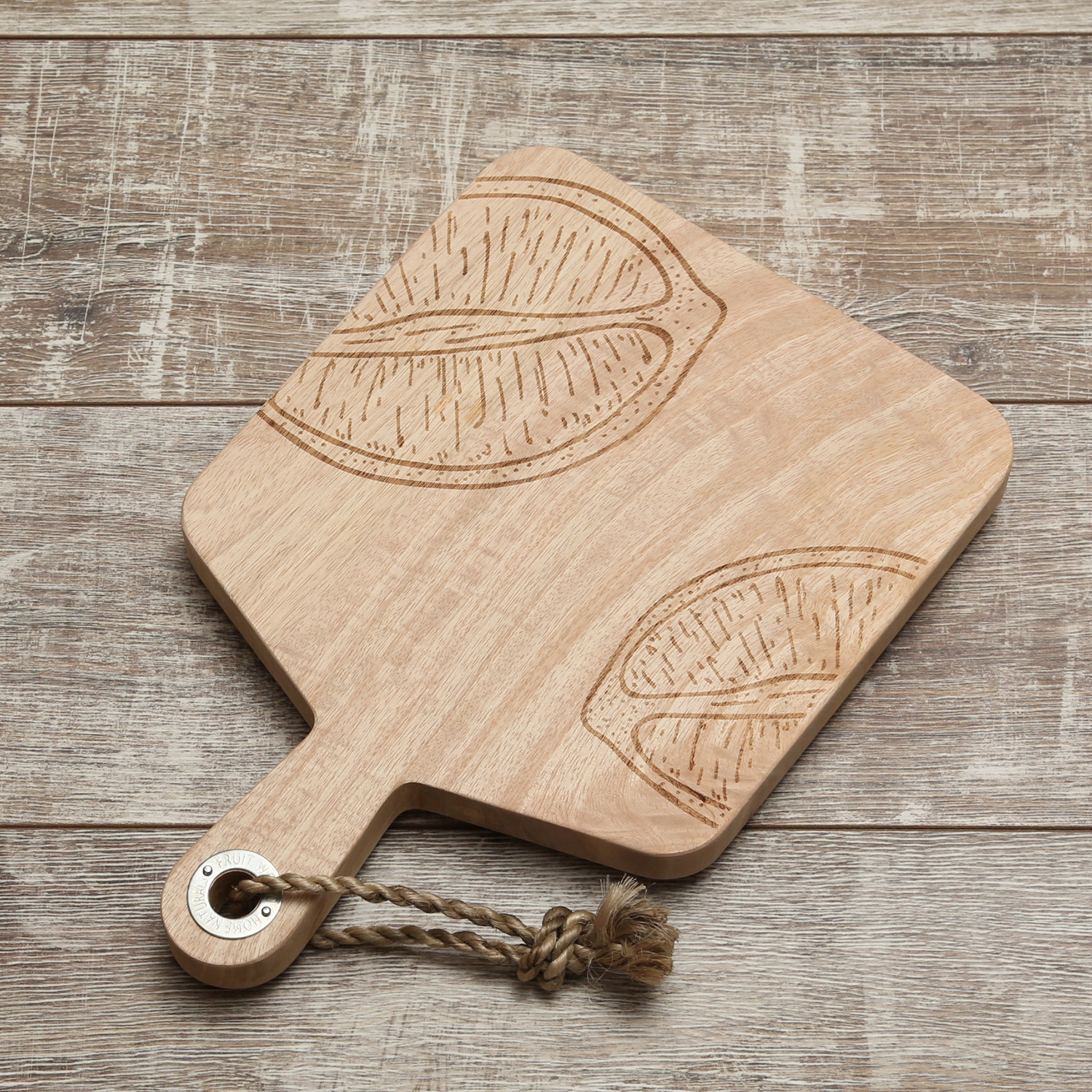 Schneidebrett - Vesperbrett - Mangoholz - Kordel - L: 38cm - Zitronenmotiv längs geschnitten - natur