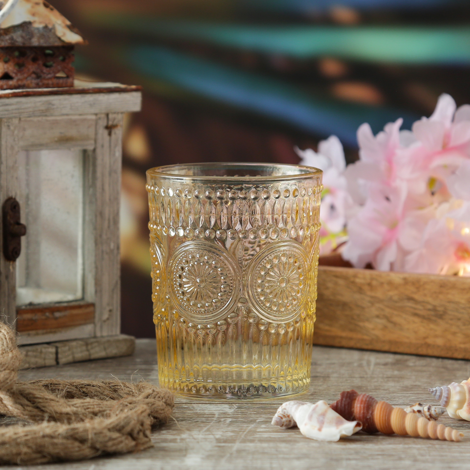 Trinkglas Vintage - Glas - lebensmittelecht - 280ml - H: 10cm - mit Muster - gelb