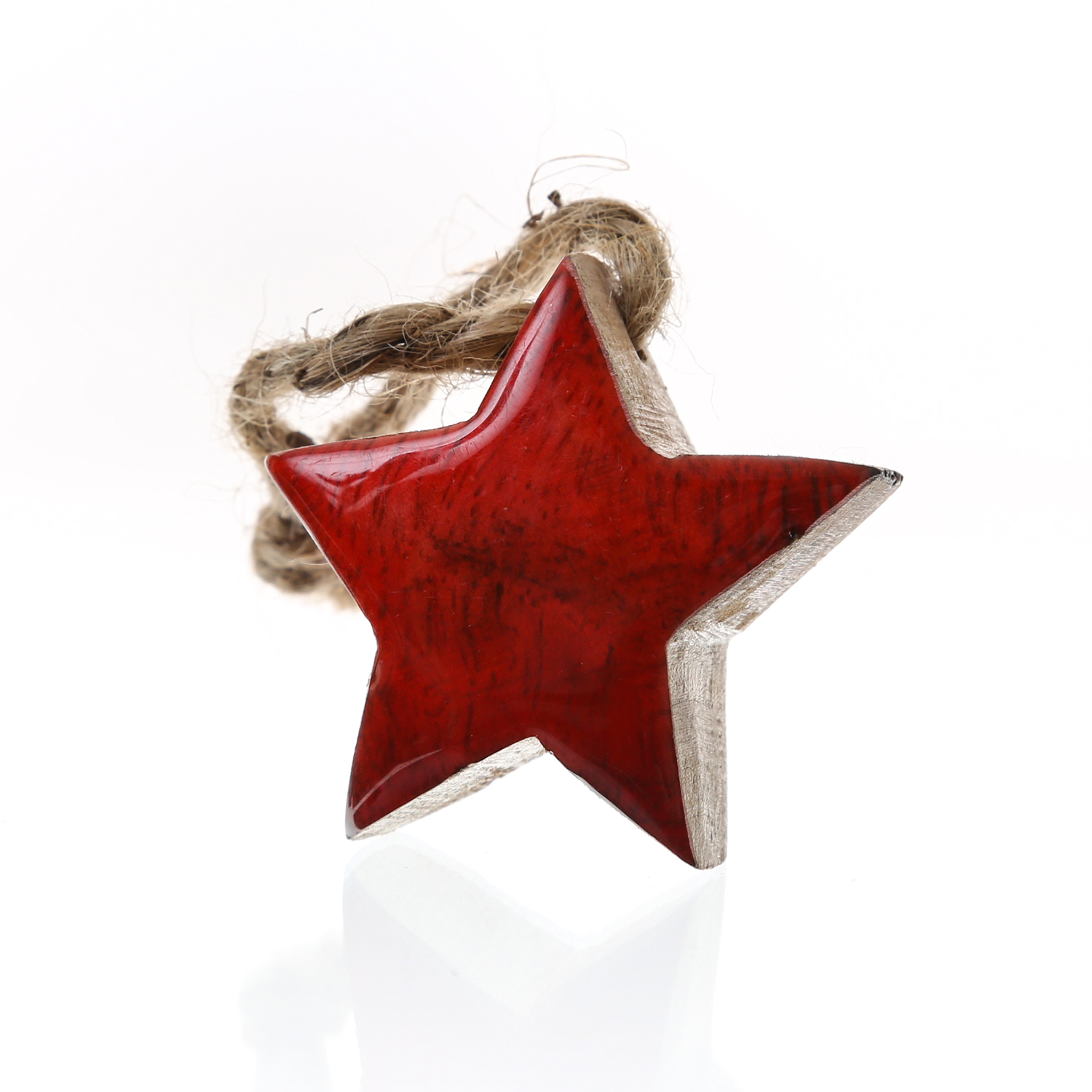 Holzstern - Mangoholz - Kordel - hängend - einseitig emailliert - H: 5,5cm - natur, rot
