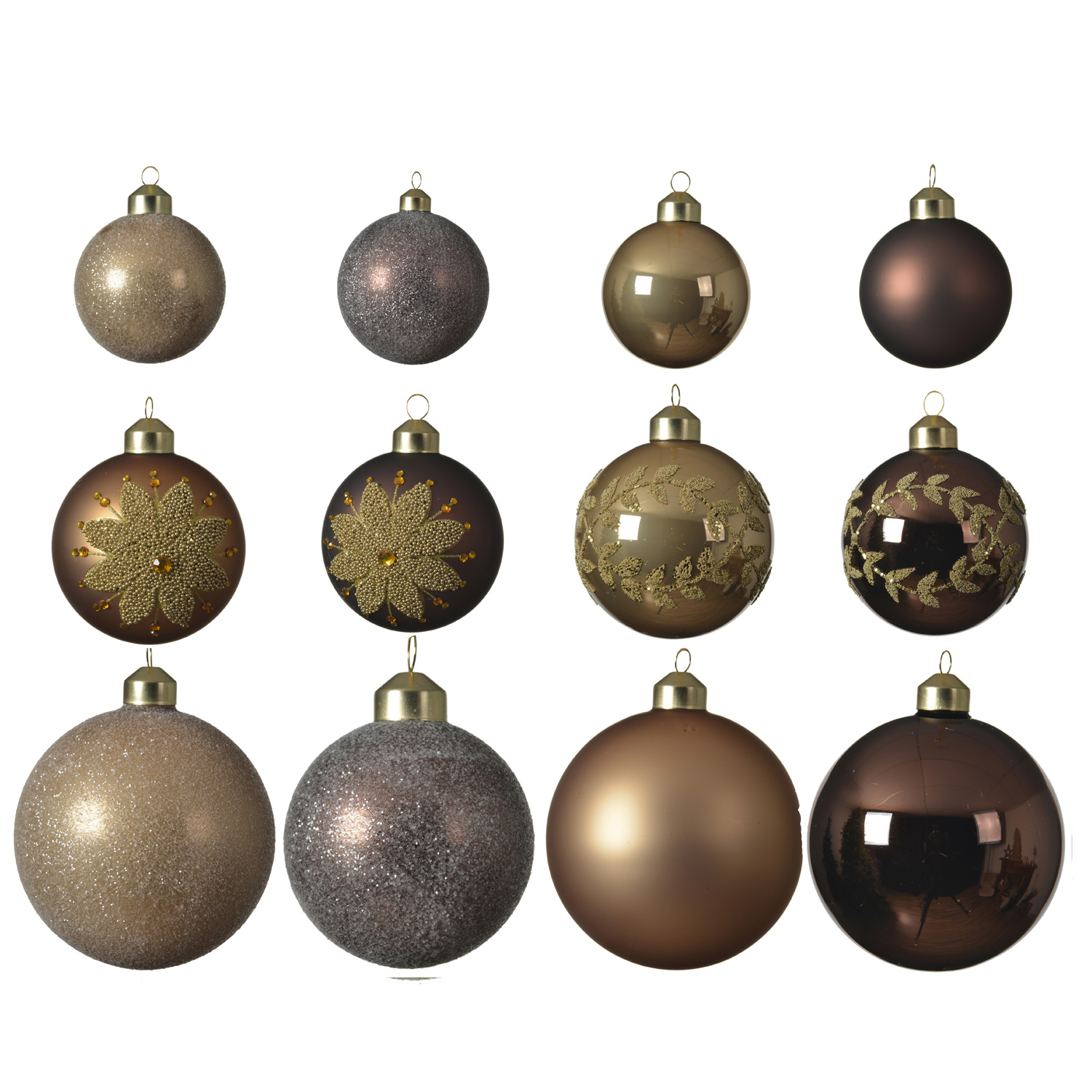 Christbaumkugel - Weihnachtsbaumkugel - Glas - 3 Größen - glänzend matt glitzernd - braun - 12er Set Christbaumkugel - Weihnachtsbaumkugel - Glas - 3 Größen - glänzend matt glitzernd - braun - 12er Set