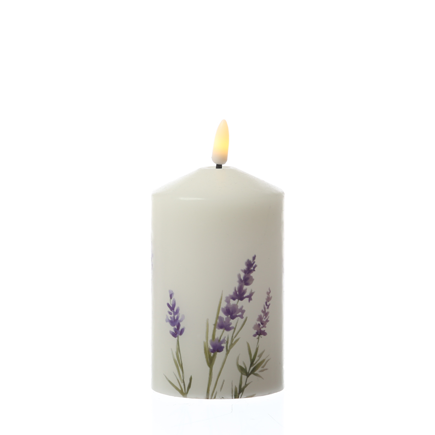 LED Kerze mit Lavendel Motiv - Echtwachs - H: 14,5cm - D: 7cm - Batteriebetrieb - Timer