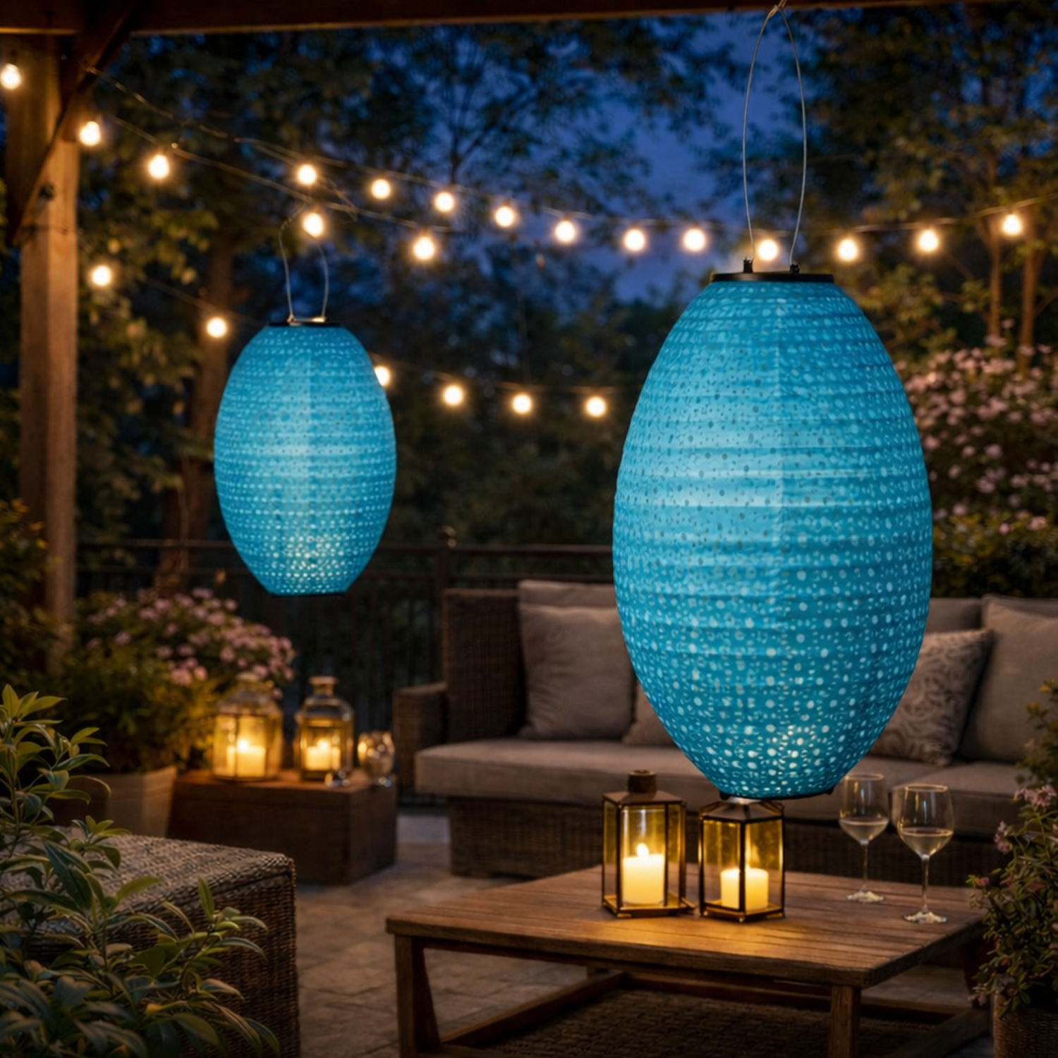 LED Solar Lampions oval - mit Blumenmuster - H: 38cm D: 23cm - Lichtsensor - blau - 2er Set