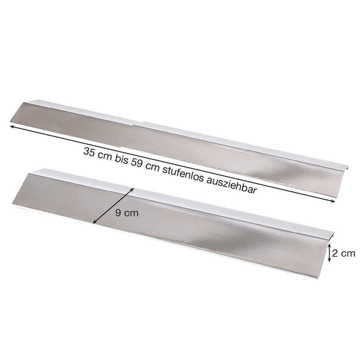 Edelstahl Flammblech schmal, variabel 35-59 cm/9 cm - Universal Flammabdeckung Edelstahl Flammblech schmal, variabel 35-59 cm/9 cm - Universal Flammabdeckung