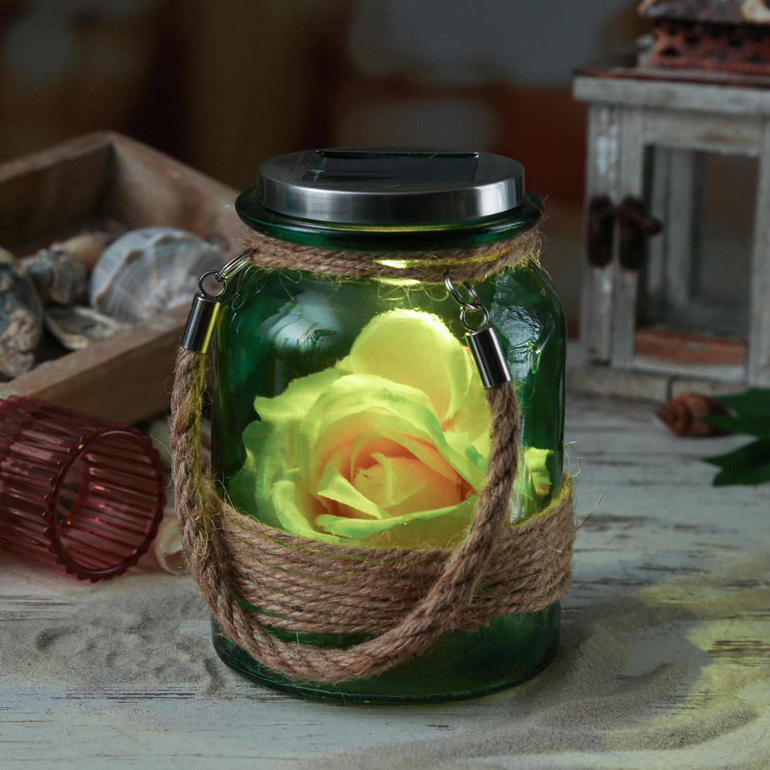 LED Solarglas - Windlicht mit Juteseil - Glas - warmweiße LED - Lichtsensor - H: 16cm - grün LED Solarglas - Windlicht mit Juteseil - Glas - warmweiße LED - Lichtsensor - H: 16cm - grün