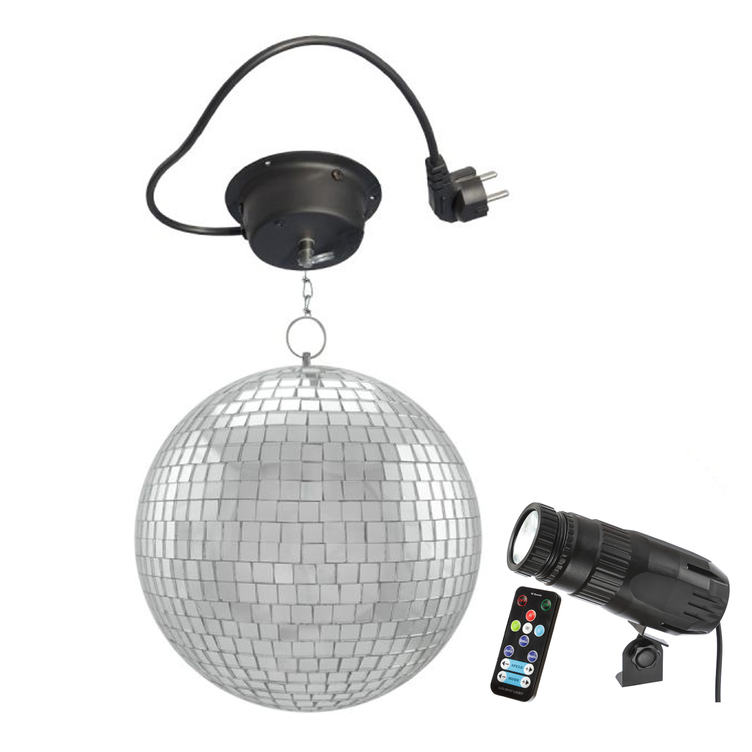 Spiegelkugel Komplettset - Discokugel, Motor, Pinspot, Montagematerial für Diskokugel - Mirrorball Set - Partyset Spiegelkugel Komplettset - Discokugel, Motor, Pinspot, Montagematerial für Diskokugel - Mirrorball Set - Partyset