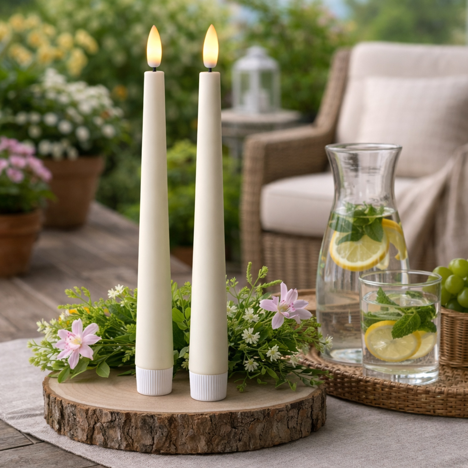 LED Stabkerzen - LED Tafelkerzen aus Kunststoff - H: 25,5cm - Timer - für Innen/Außen - weiß