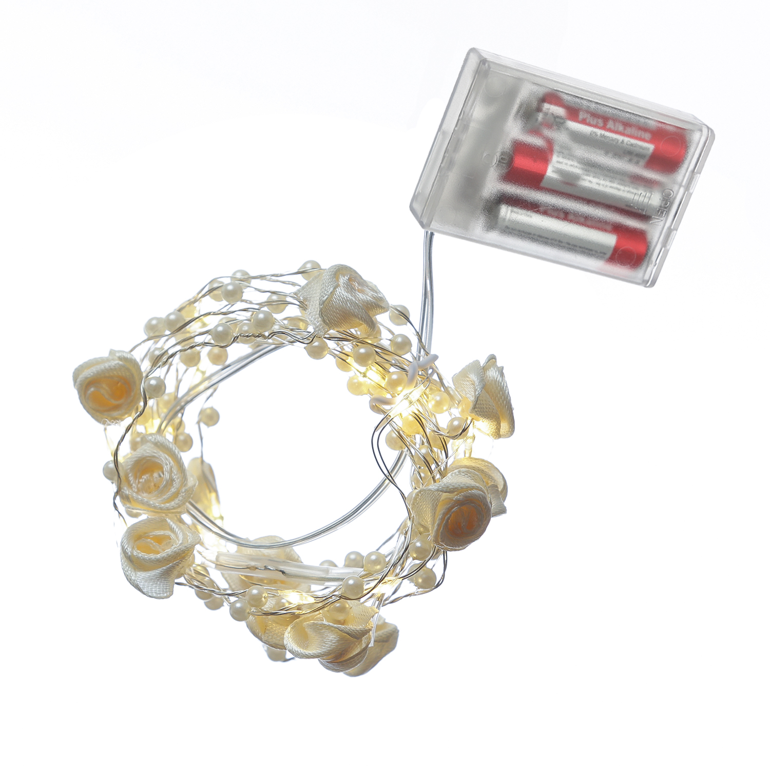 LED Drahtlichterkette Rosen und Perlen - 20 warmweiße LED - L: 1,9m - Batterie - weiß