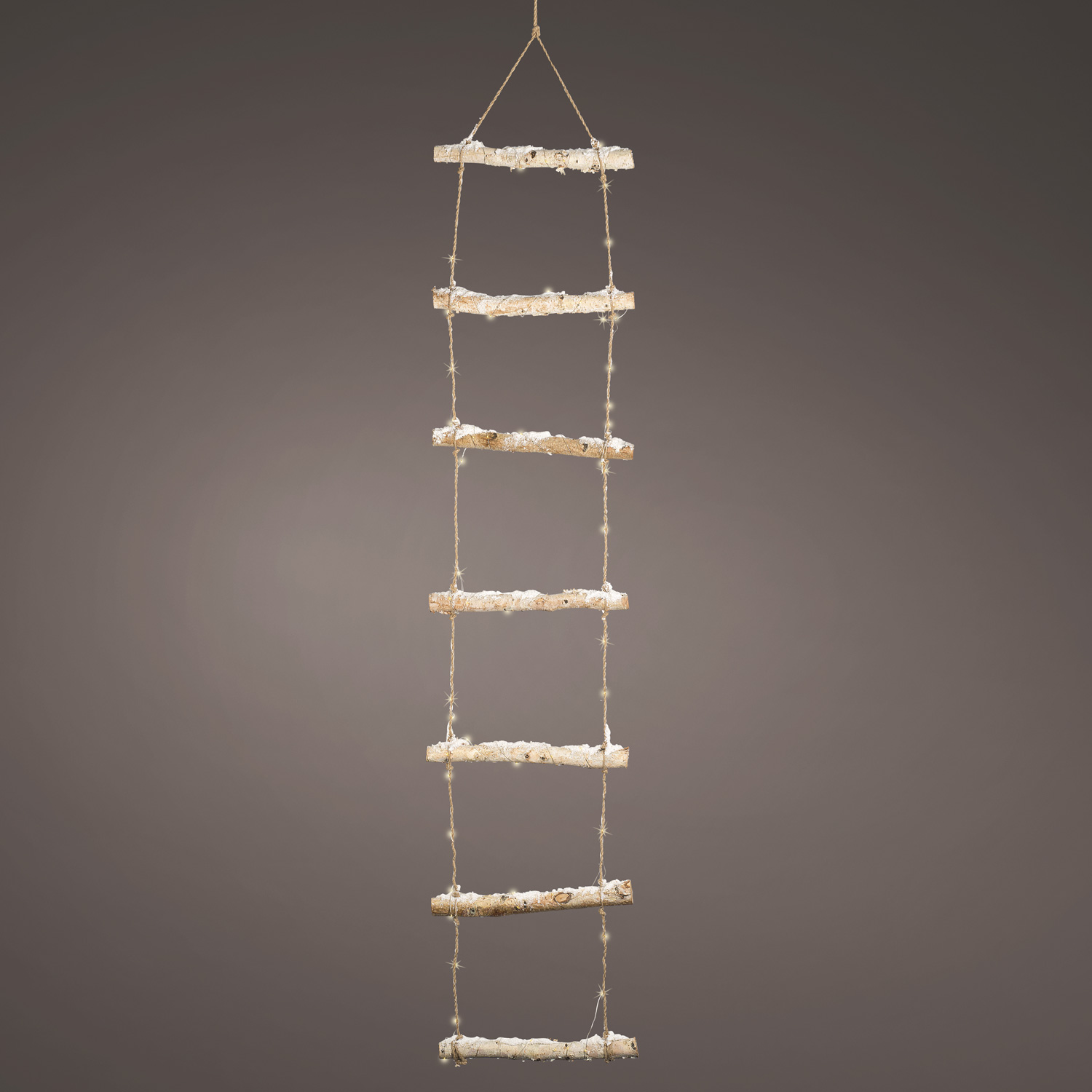 LED Strickleiter - Juteseil mit Holzstäbe - Schneeoptik - warmweiße LED - H: 1,5m - Timer - Batterie LED Strickleiter - Juteseil mit Holzstäbe - Schneeoptik - warmweiße LED - H: 1,5m - Timer - Batterie