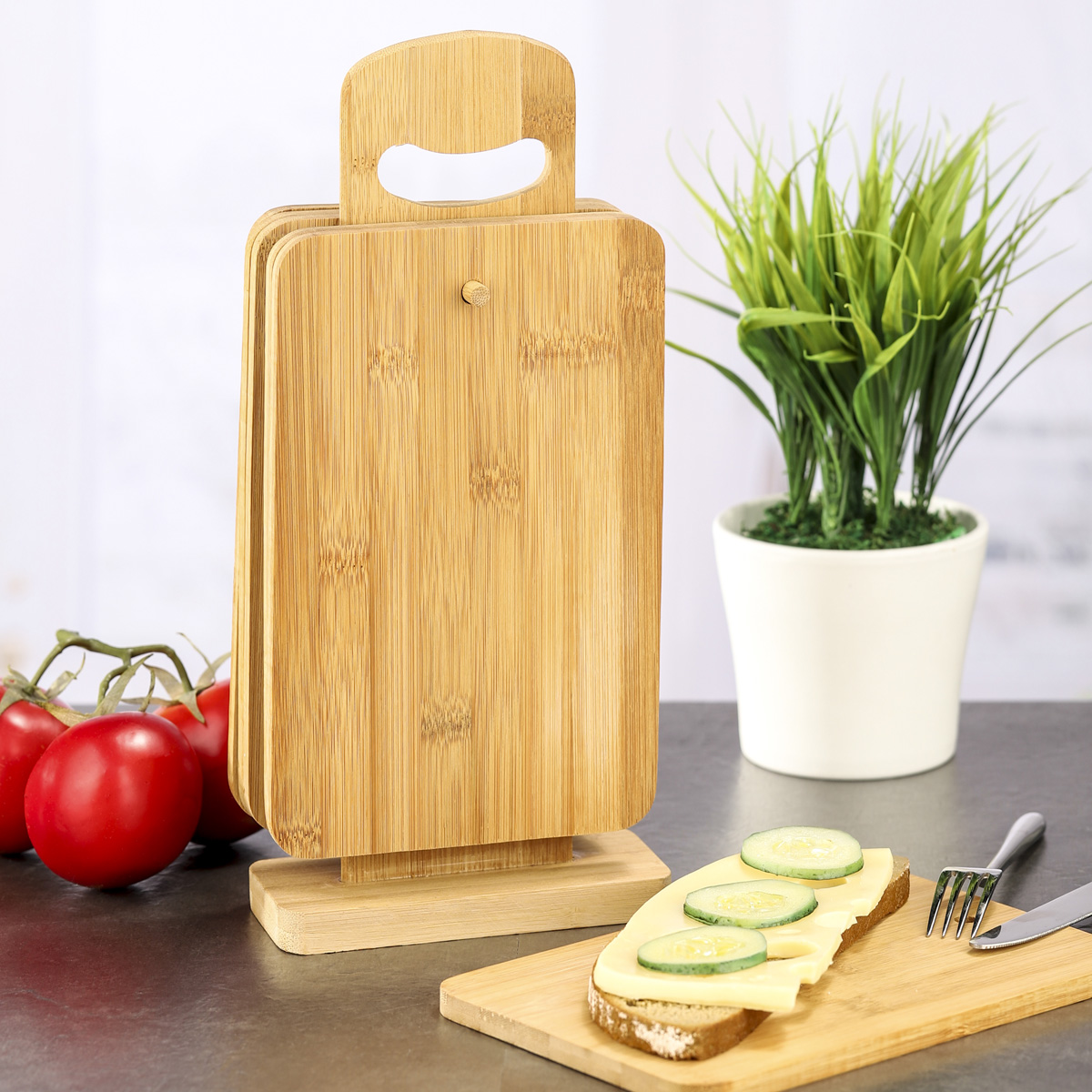 Frühstücksbrett - Bambus - inkl. Holzständer - 22 x 15 x 0,8cm - 6er Set