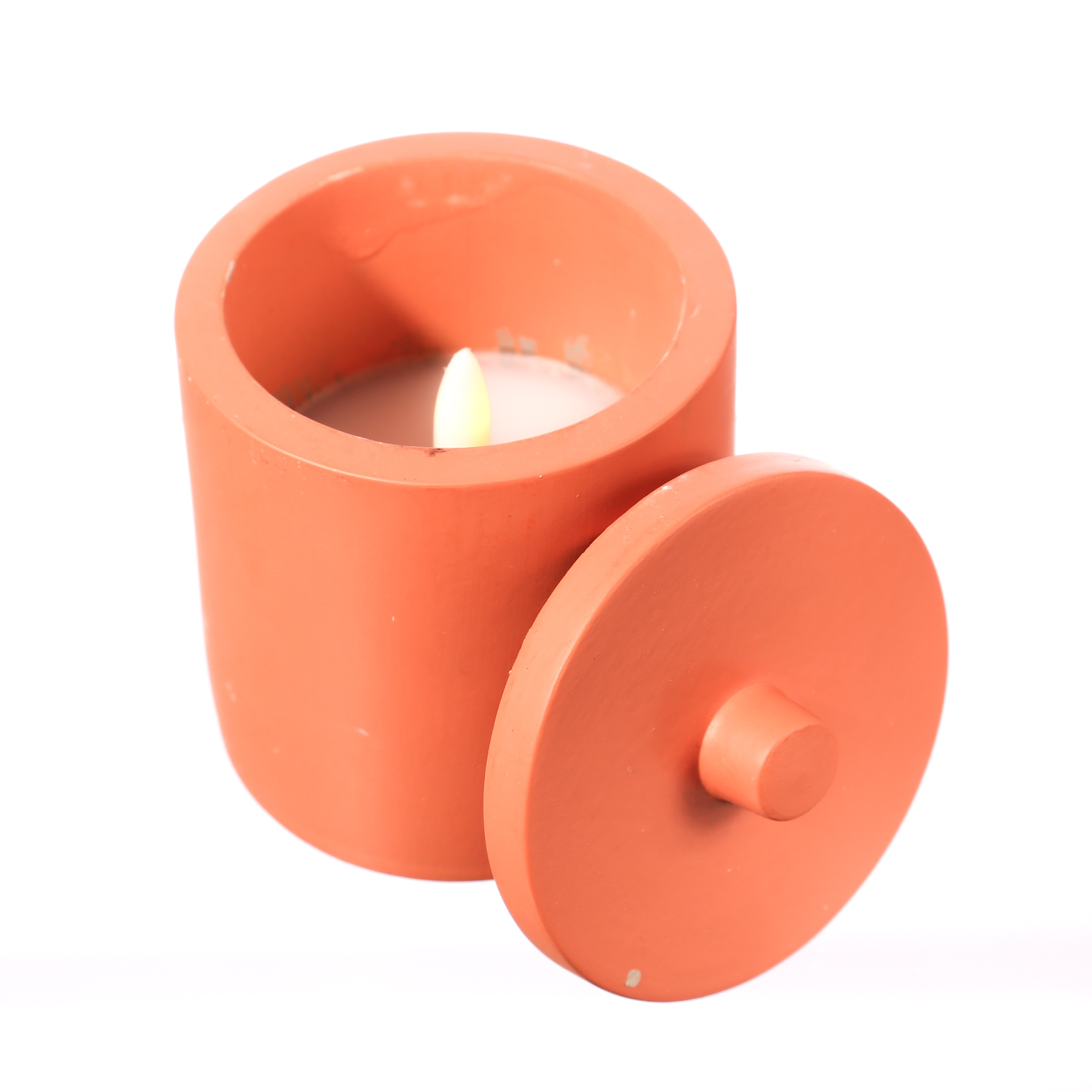 LED Kerzen im Topf - mit Deckel - Betonoptik - Timer - H: 10cm D: 8cm - terracotta - 3er Set