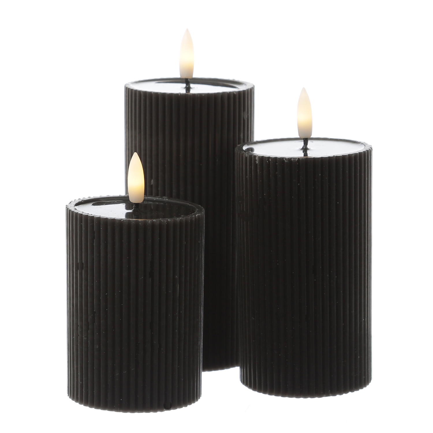 LED Kerze LIV - gerillt - Echtwachs - warmweiße 3D Flamme - H: 15,5cm - D: 7cm - Timer - schwarz