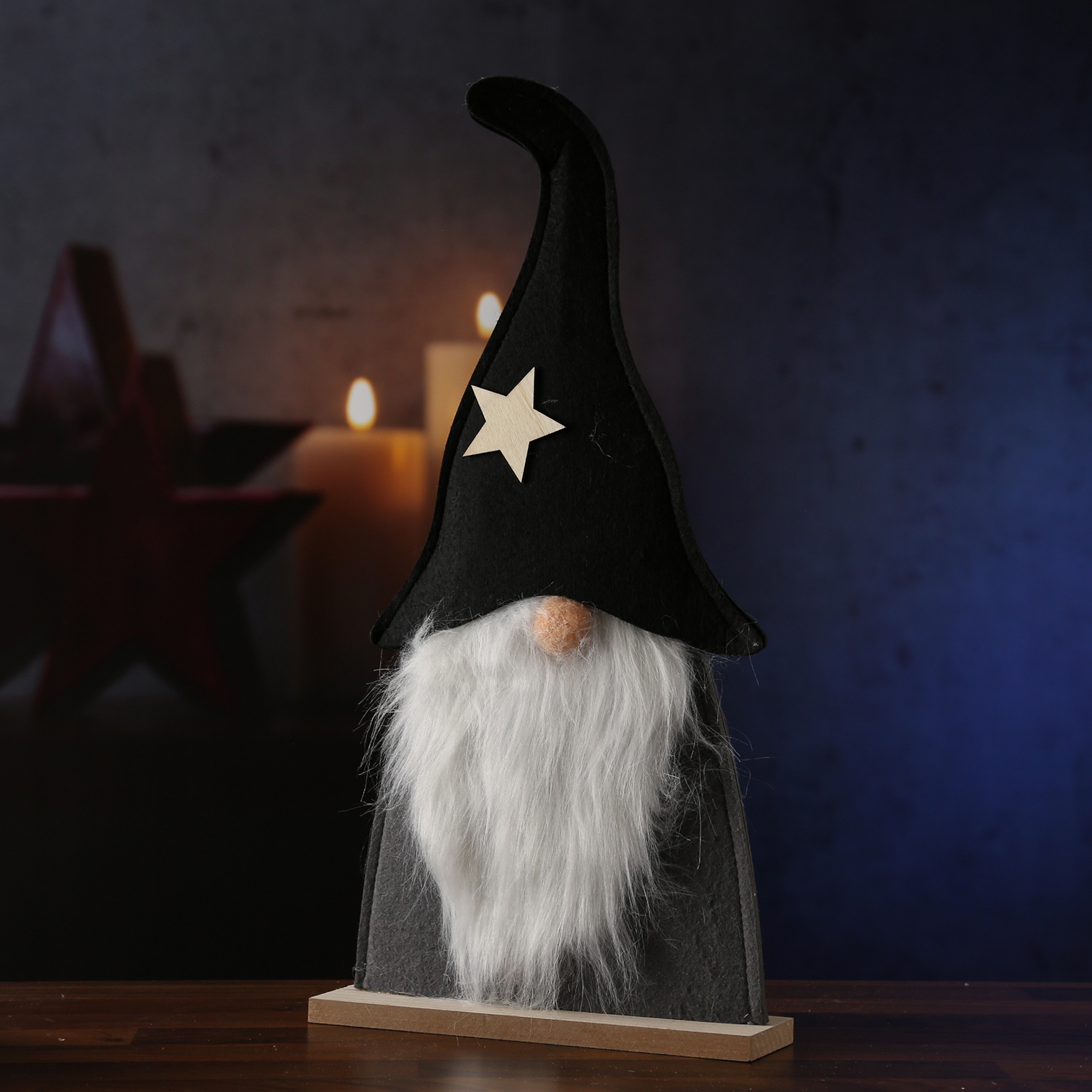 Wichtel - Dekofigur - Holz - Filz - stehend - H: 48cm - Mütze mit Stern - schwarz, grau Wichtel - Dekofigur - Holz - Filz - stehend - H: 48cm - Mütze mit Stern - schwarz, grau