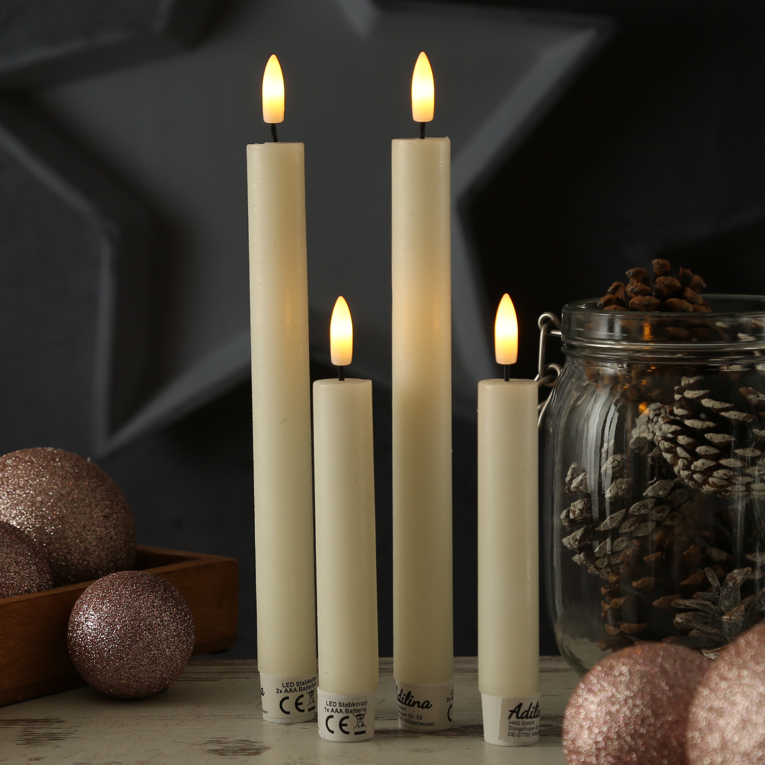 LED Stabkerzen LINA - Rustik-Optik - Echtwachs - 3D Flamme - H: 16cm - Timer - creme - 2er Set