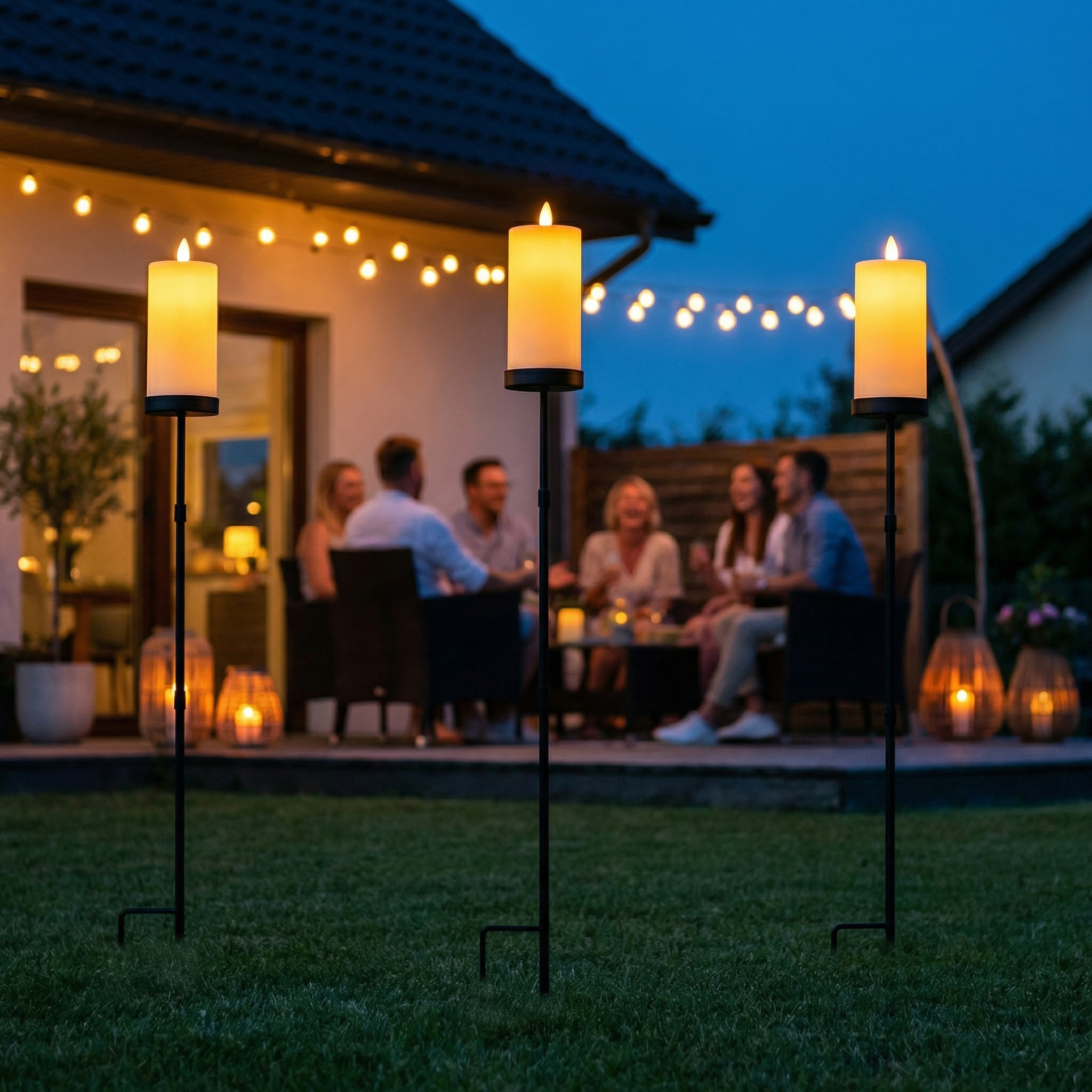LED Solar Kerze mit Gartenstecker - Outdoorkerze auf Stab - H: 117cm - Lichtsensor - für Außen