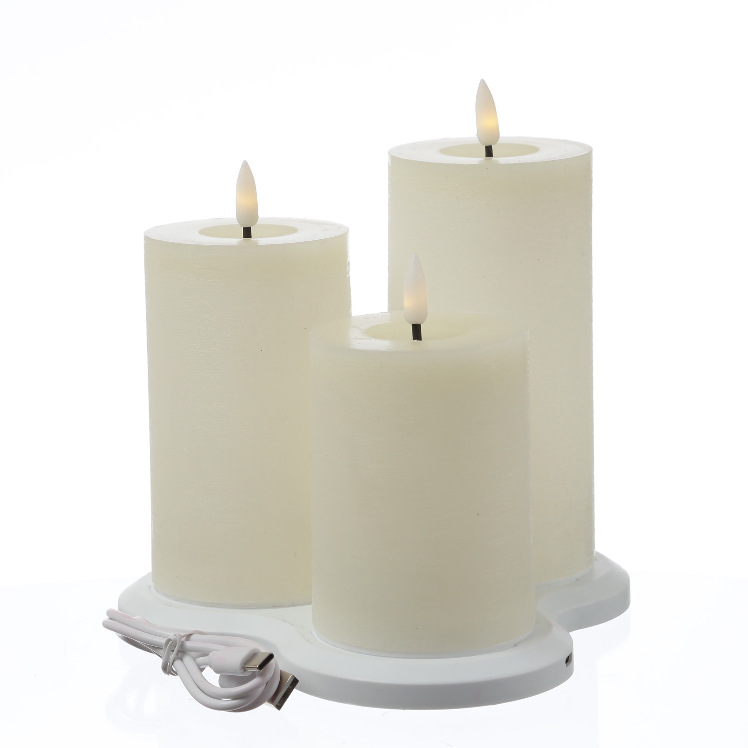 LED Kerzenset LISA - Rustik-Optik - Echtwachs - 3 Größen - mit Ladestation - creme - 3er Set