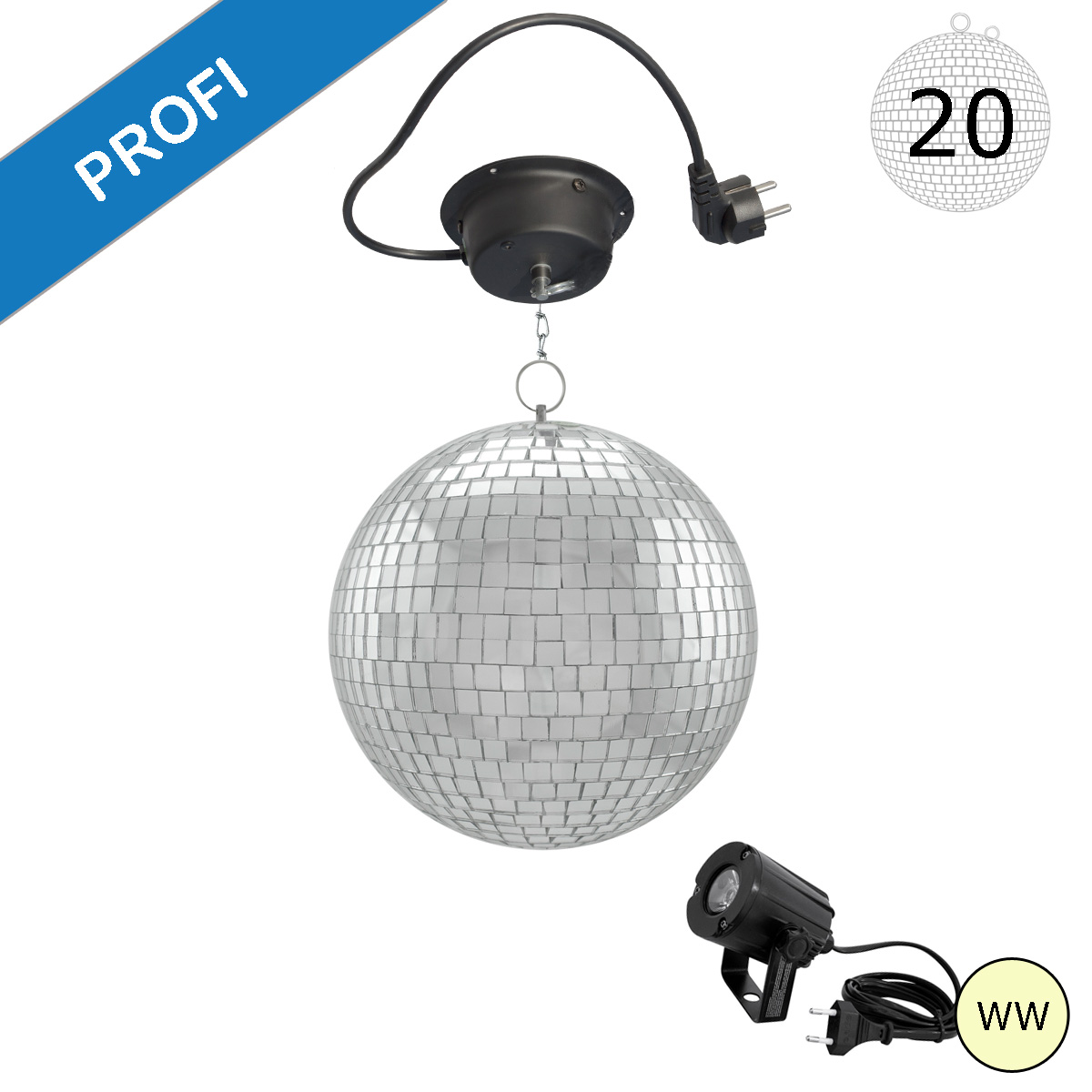 Spiegelkugel Komplettset - Discokugel, Motor, Pinspot, Montagematerial für Diskokugel - Mirrorball Set - Partyset