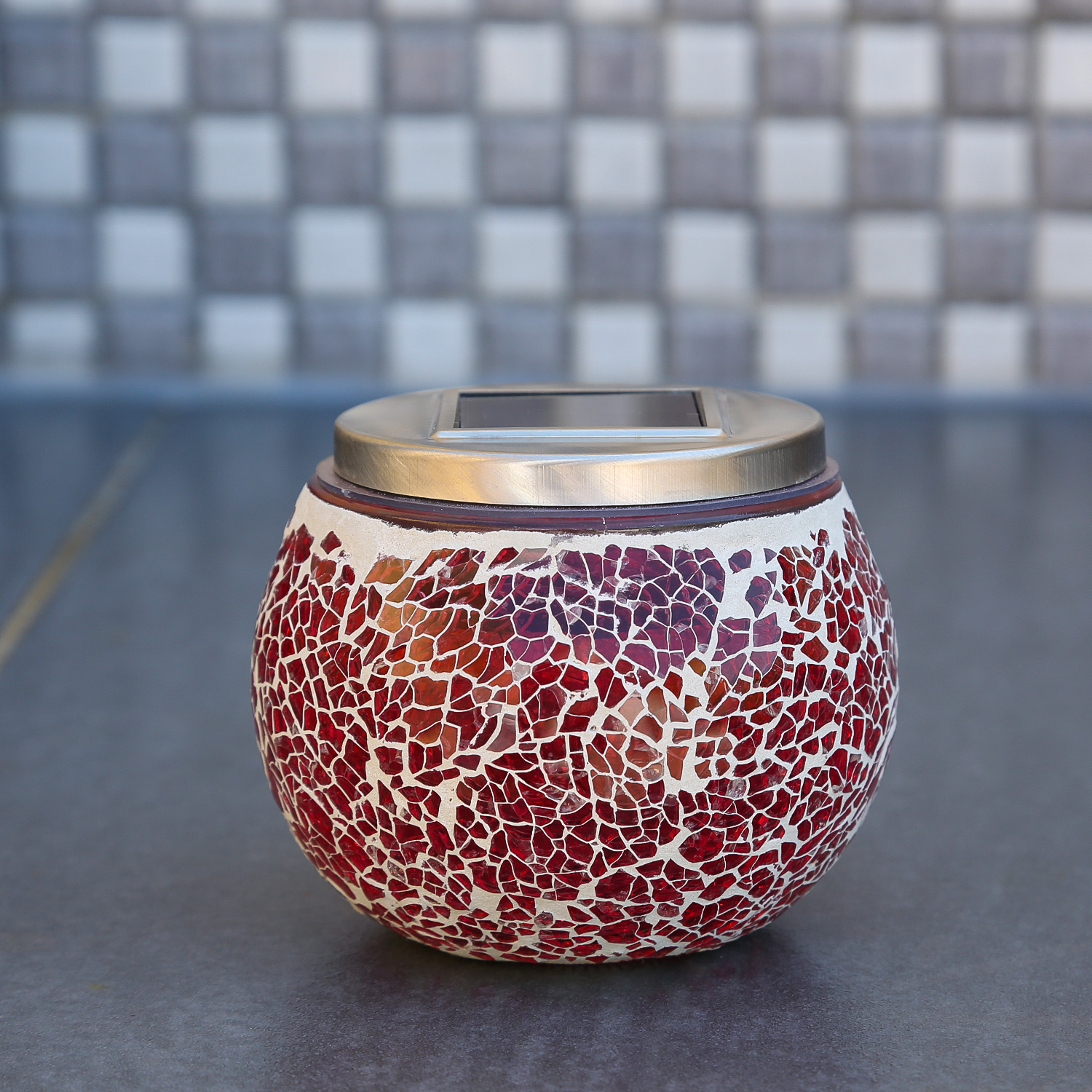 LED Solar Windlicht - Mosaik Glas - Lichtsensor - H: 10cm - Outdoor - rot