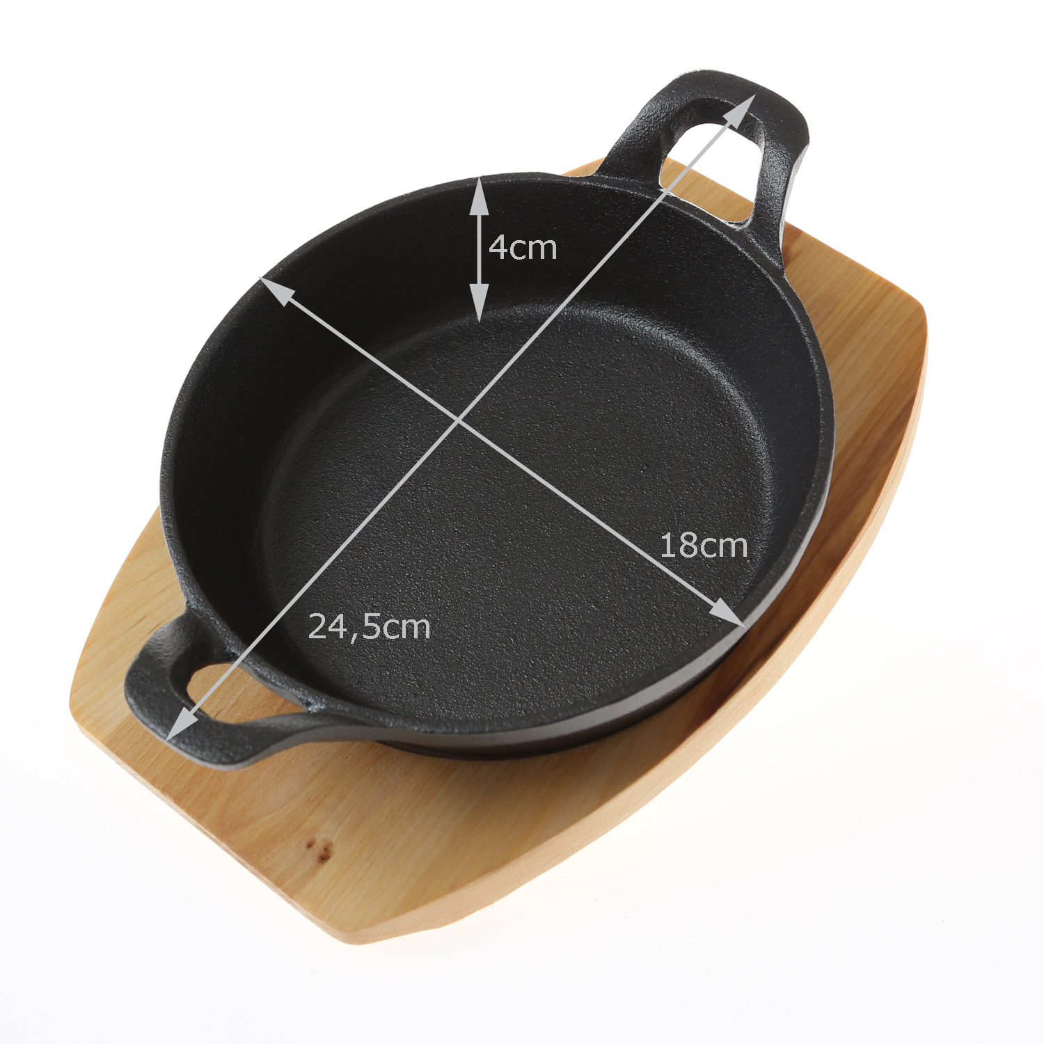 Gusspfanne mit 2 Griffen u. Holzuntersetzer - Gusseisen - D: 18cm - Servierpfanne - rund