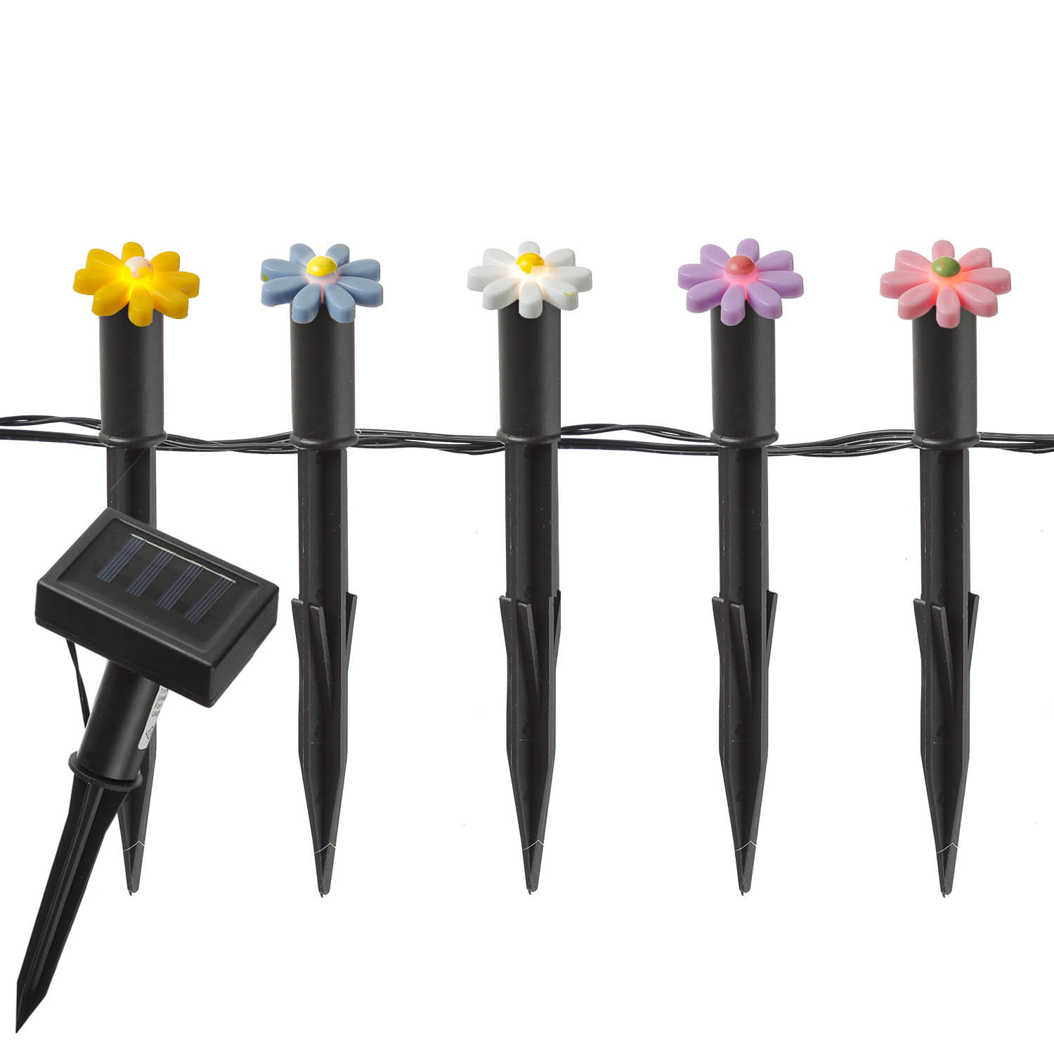 LED Solar Lichterkette Blumen - 5 Gartenstecker mit bunten Blümchen - L: 1,2m H: 17cm - Lichtsensor LED Solar Lichterkette Blumen - 5 Gartenstecker mit bunten Blümchen - L: 1,2m H: 17cm - Lichtsensor