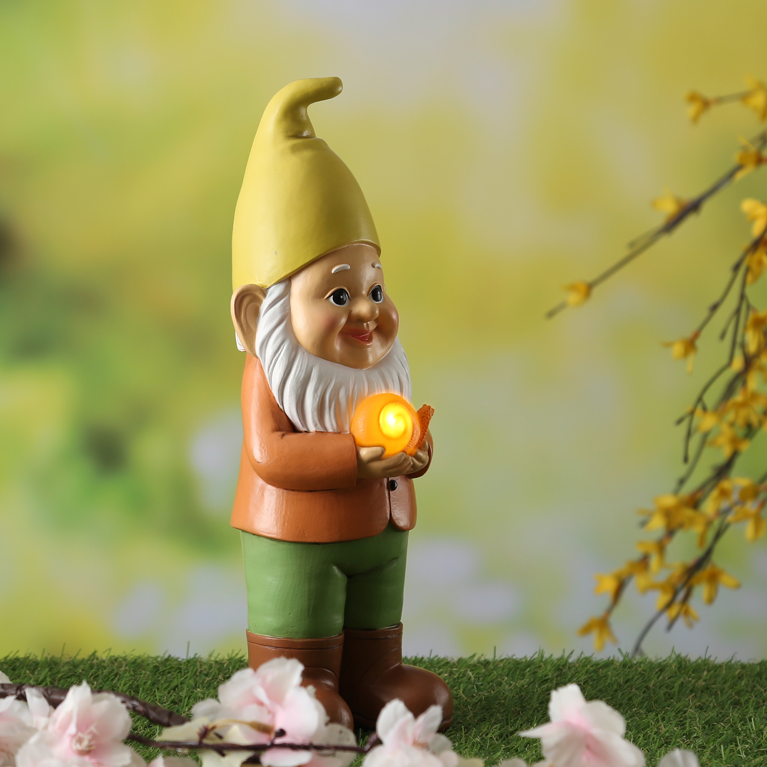 LED Solar Gartenzwerg mit Schnecke - Gartenfigur - warmweiße LED - Lichtsensor - H: 28,5cm