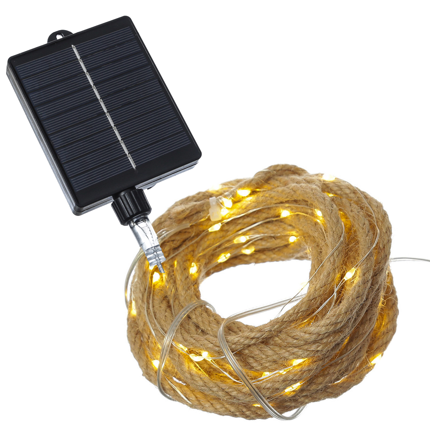 LED Solar Lichterkette Juteseil - 200 warmweiße LED - L: 10m - 8 Funktionen/USB - Fernbedienung
