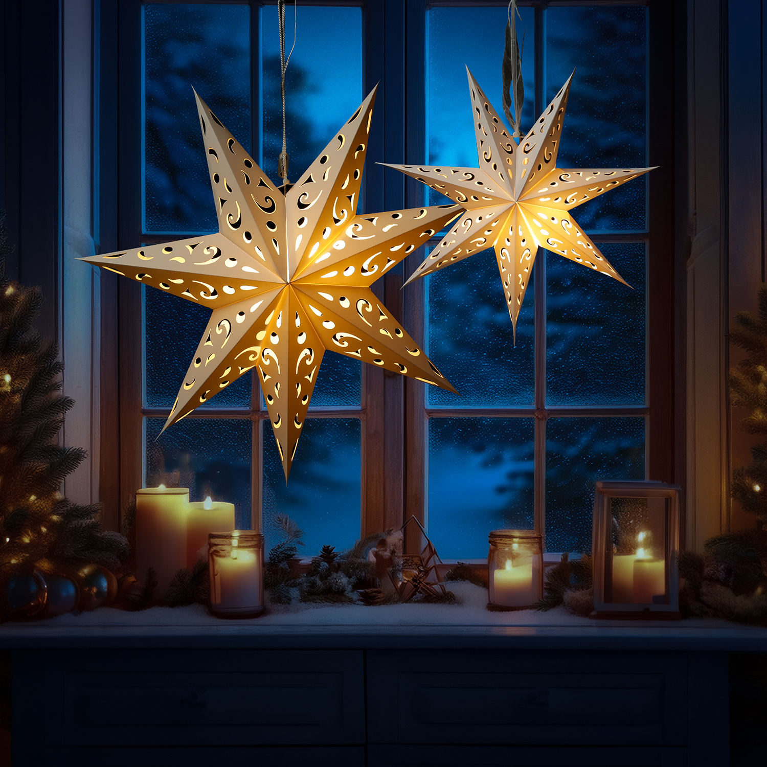 LED Papierstern - hängend - 7-zackig - 10 warmweiße LED - D: 38cm - Batterie - Timer - weiß