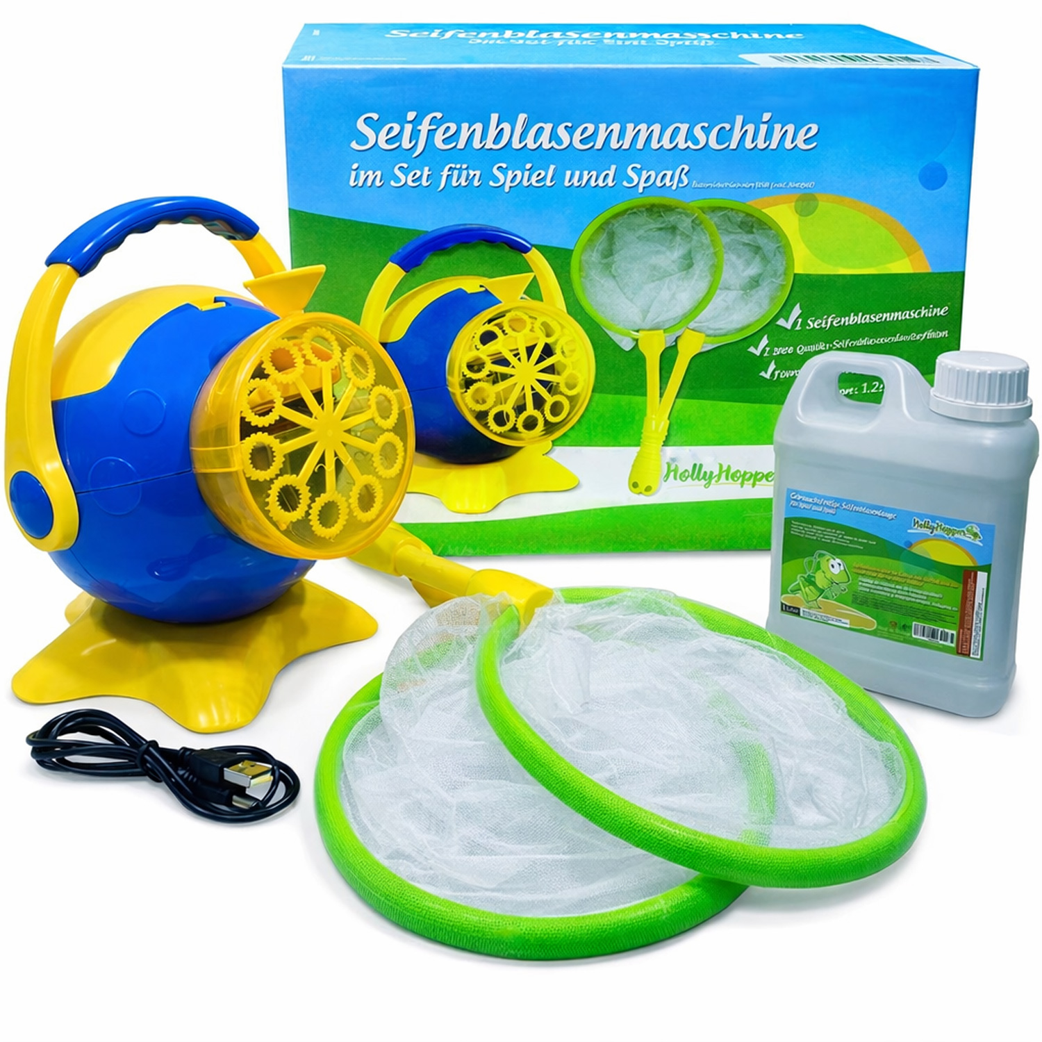 HOLLYHOPPER® Seifenblasenmaschinen Set mit 1L Qualitäts-Fluid 2x Fang-Kescher