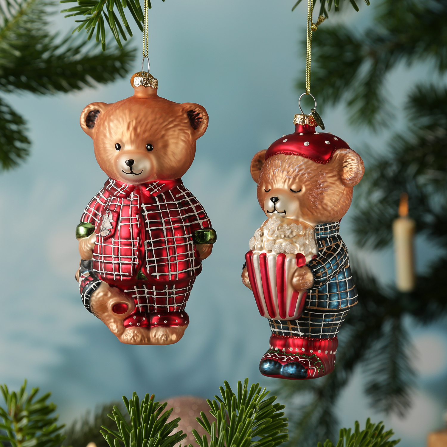 Weihnachtsbaumschmuck Bär im Schlafanzug mit Teddy - Christbaumschmuck - Glas - H: 13cm