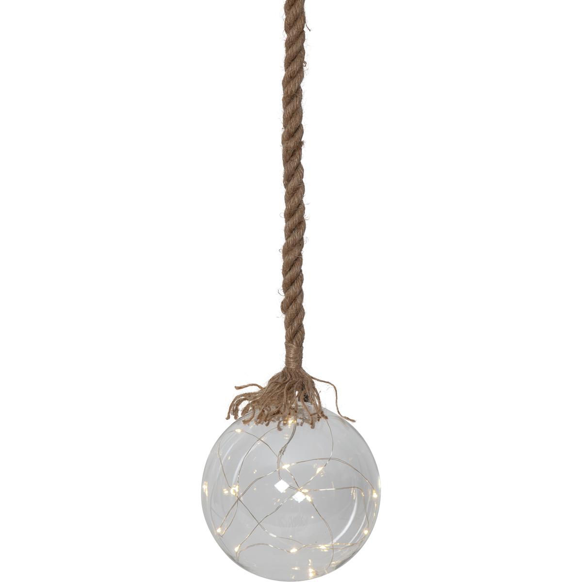 LED Glaskugel "Jutta" - mit Juteseil - 15 warmweiße LED am Draht - L: 200cm - D: 15cm - klar