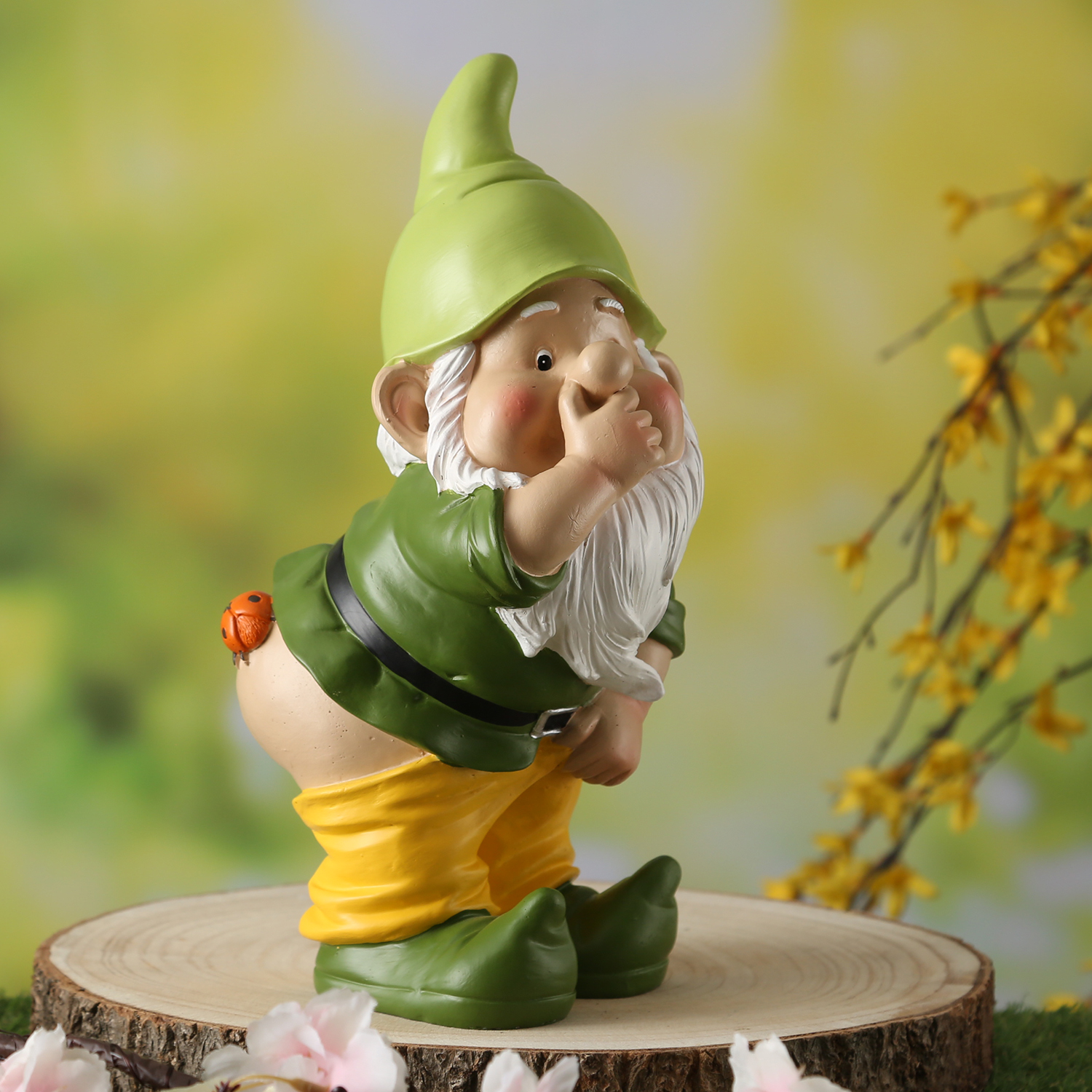 Gartenzwerg Hose Runter mit Marienkäfer - Frecher Zwerg mit nacktem Po  - Polyresin - H: 27cm