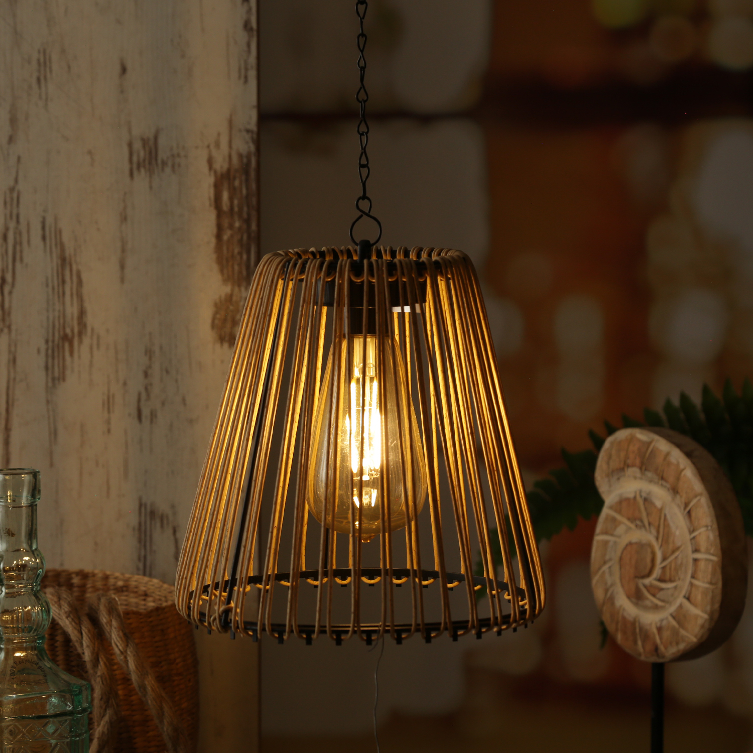 LED Solar Hängeleuchte - Kunststoffseil - 1 warmweiße LED - H: 18cm - Lichtsensor - naturfarben