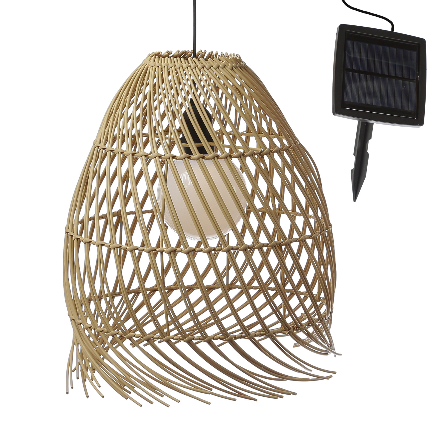 LED Solar Haengeleuchte BOHO - Lampenschirm in Korboptik - warmweiss - H- 36cm - Lichtsensor - natur