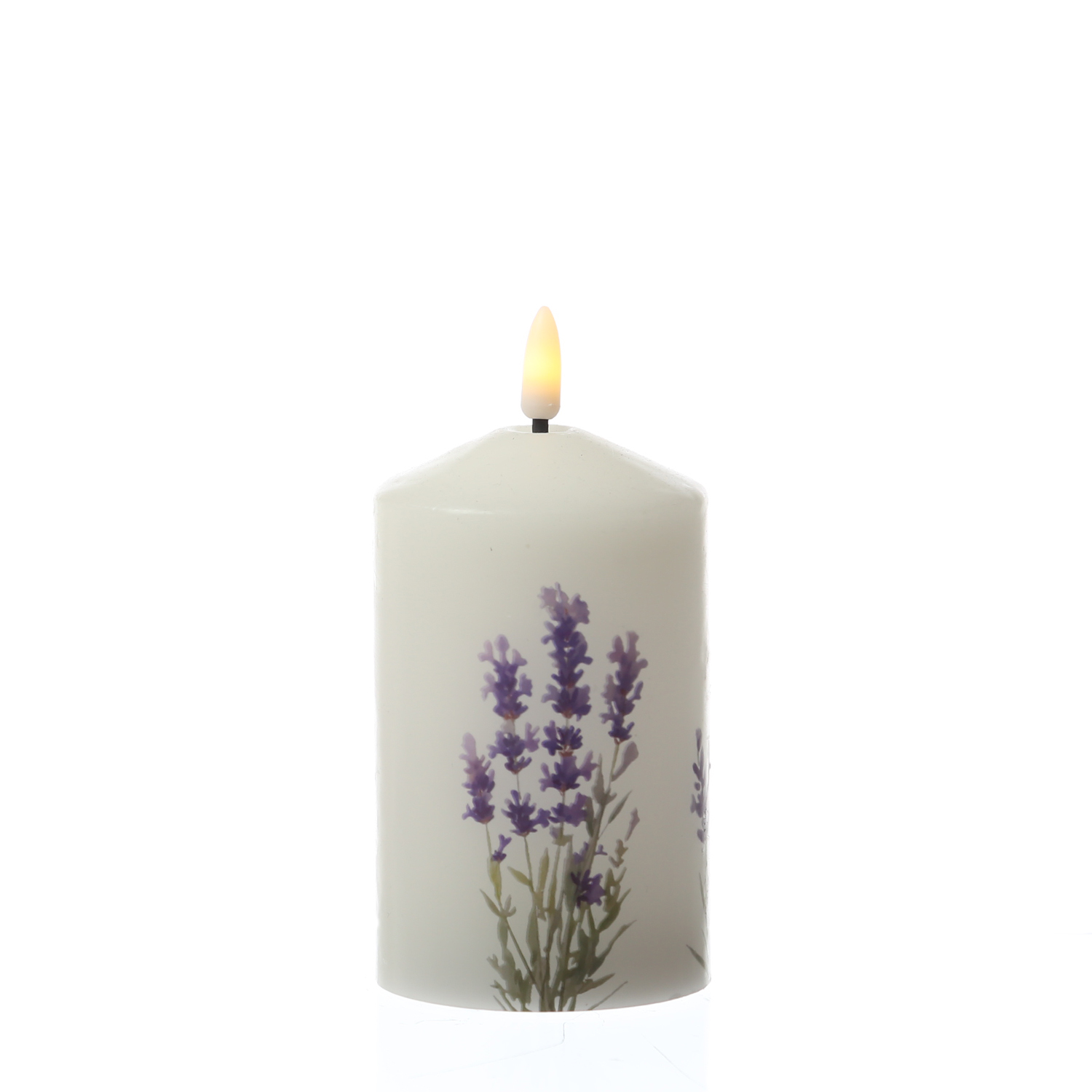 LED Kerze mit Lavendel Motiv - Echtwachs - H: 14,5cm - D: 7cm - Batteriebetrieb - Timer