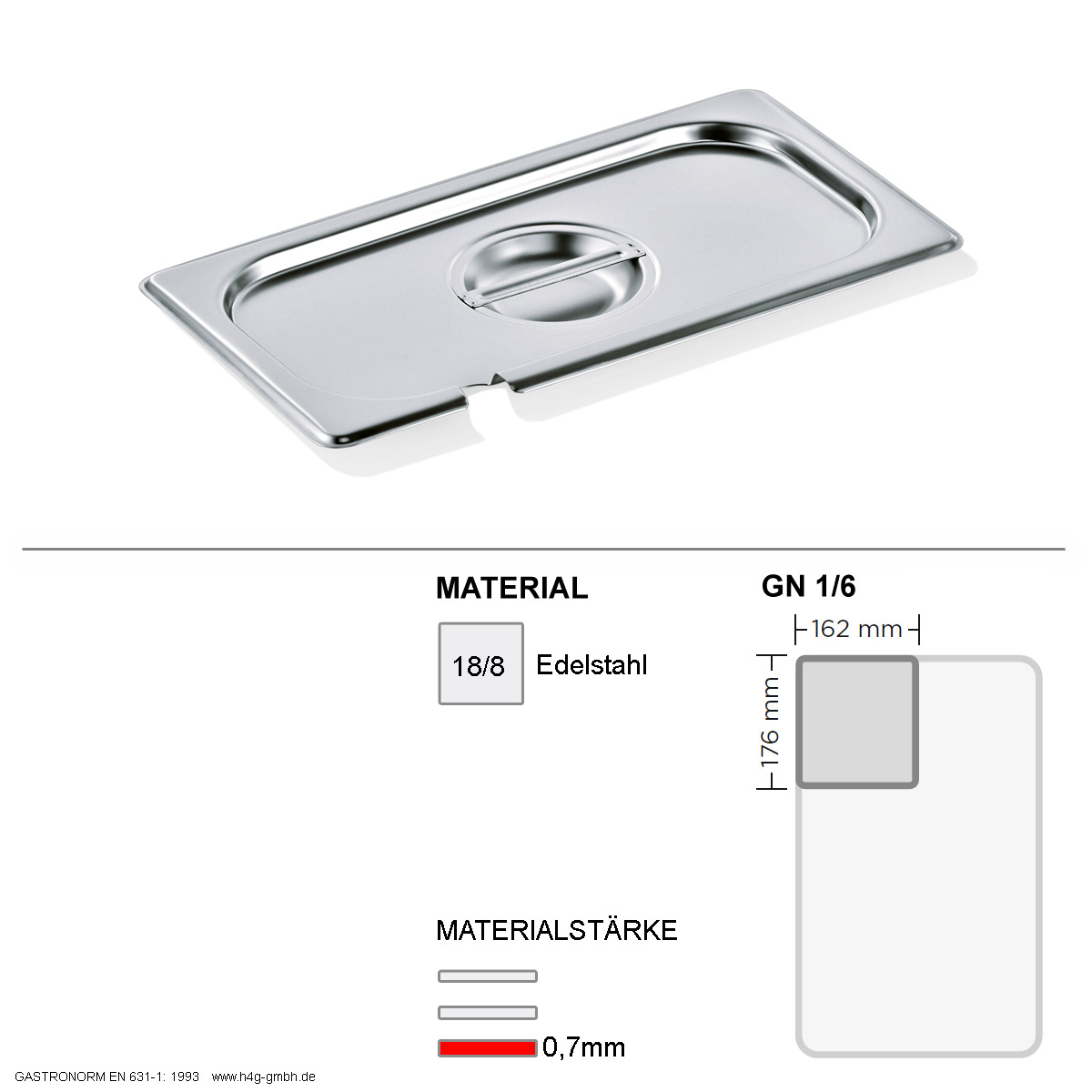 Gastronorm Deckel GN 1/6 - mit Löffelaussparung -  GN90 - 18/8 Edelstahl - 0,7mm