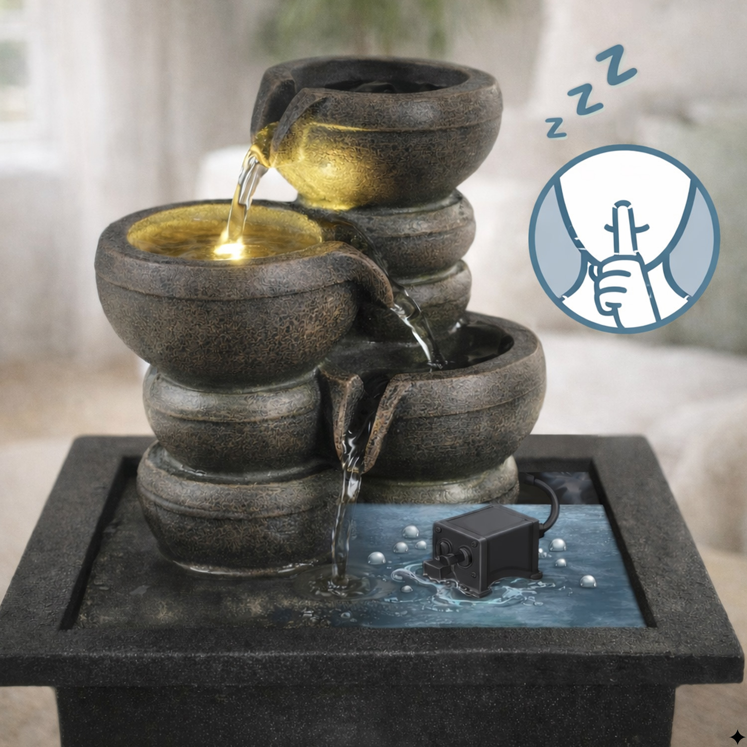 Kaskaden-Tischbrunnen mit LED Beleuchtung H25cm Zimmerbrunnen innen und außen