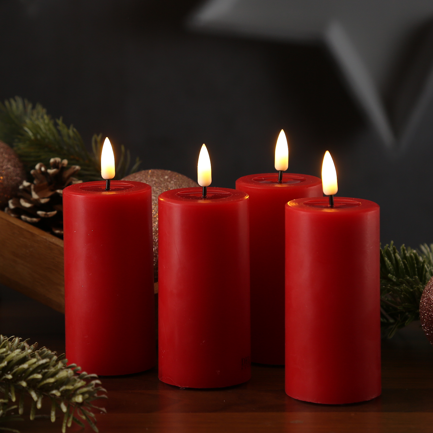 LED Kerzenset MIA - Echtwachs - H: 10cm/D: 5cm - mit Batterien/Fernbedienung - rot - 4er Set