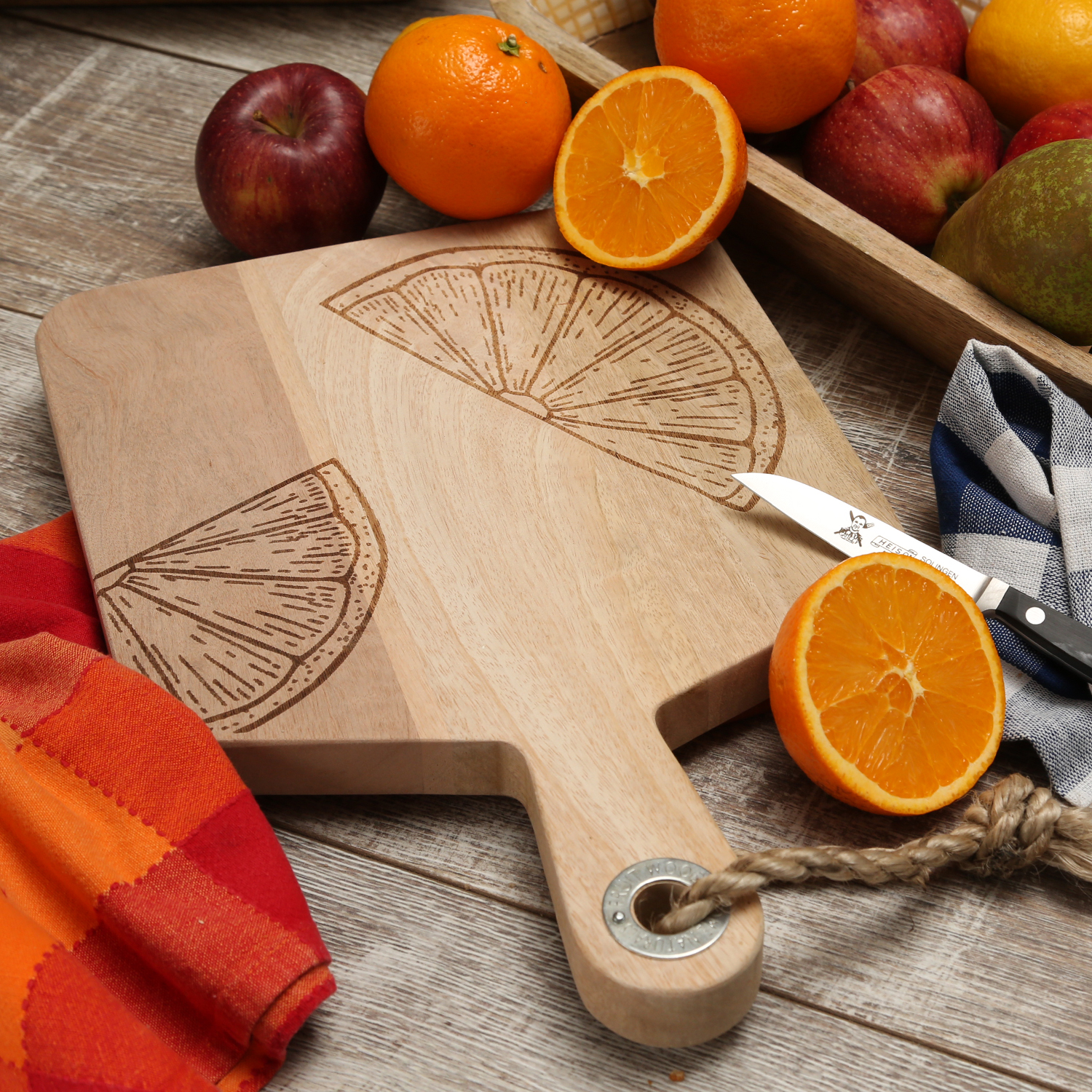 Schneidebrett - Vesperbrett - Mangoholz - Kordel - L: 38cm - Zitronenmotiv Scheibe - natur